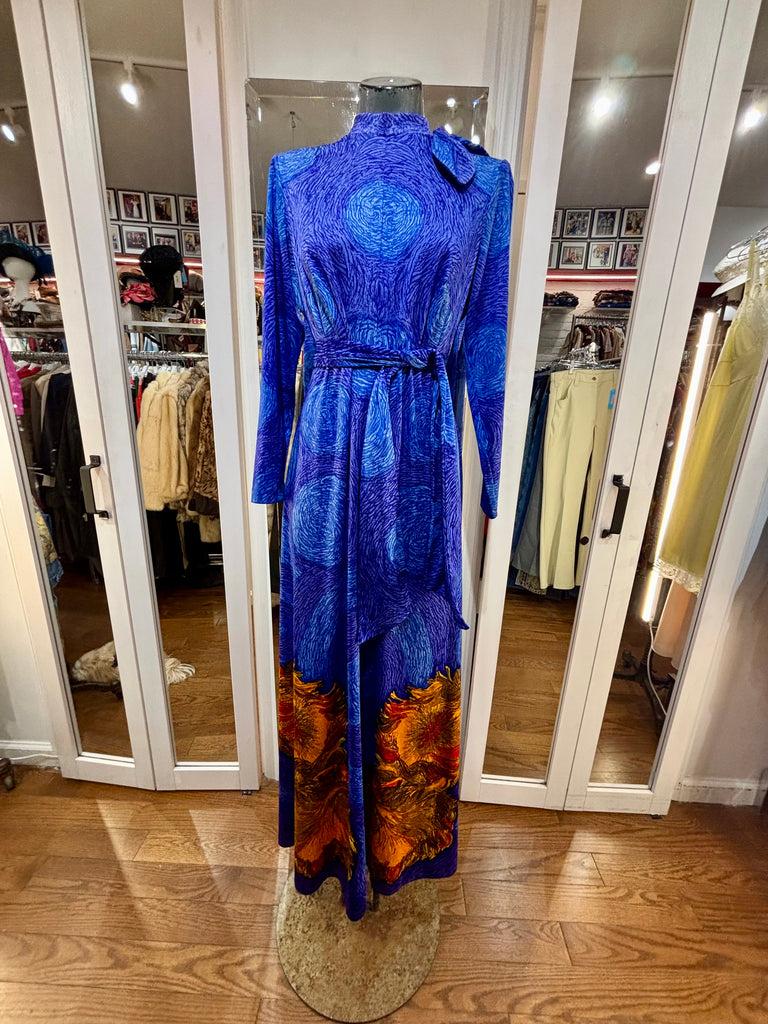 70's Blue And Orange Van Gogh Print Long Sleeve Maxi Dress By Travona – Hamlets Vintage