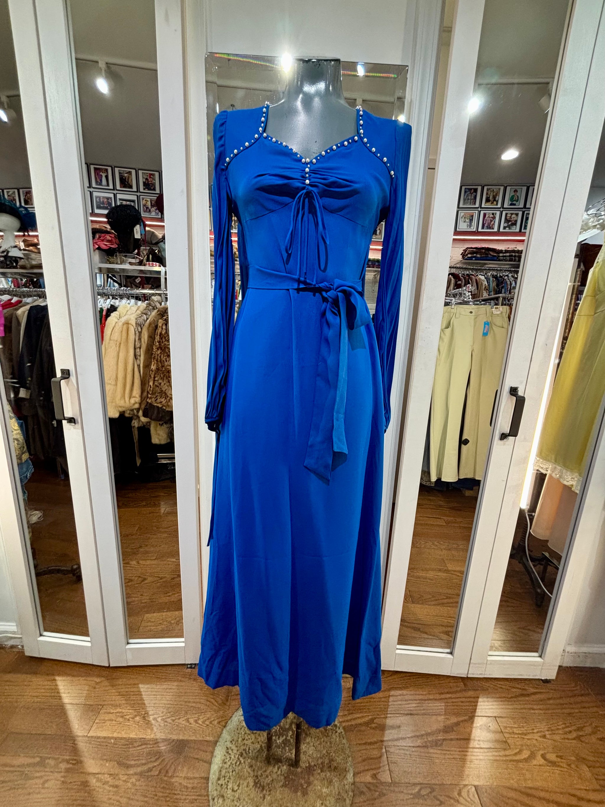 long sleeve royal blue maxi dress Royal Blue Lace-trimmed Long-sleeve Maxi Dress