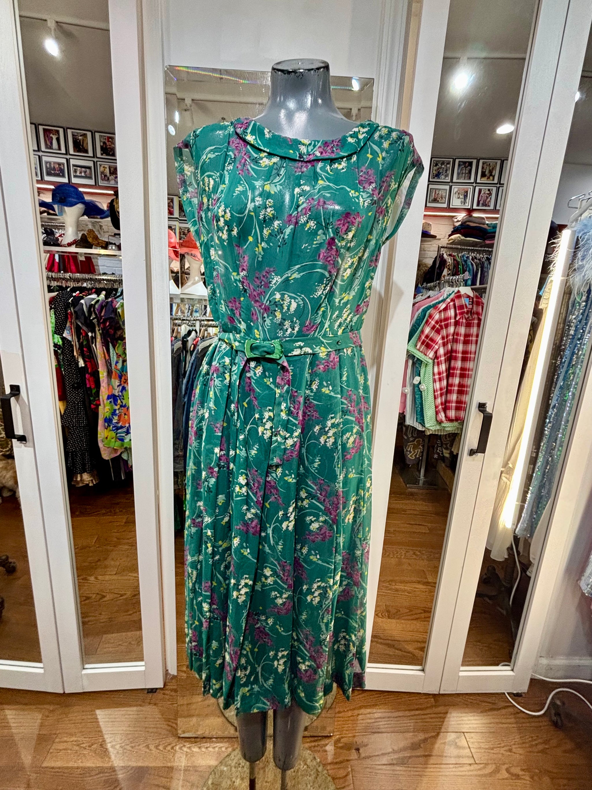 60's Teal Green Multicolored Print Sheer Dress Fit & Flare – Hamlets Vintage