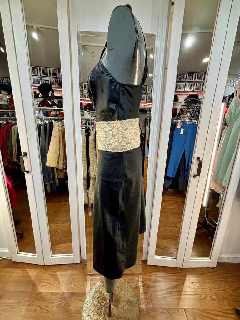 60’s Black Slip Dress With Lace Beige Detailing By Rogers