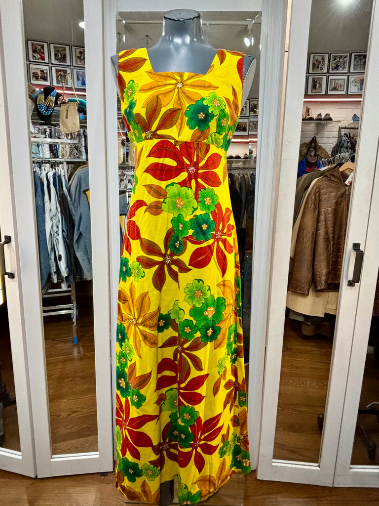 60s/70s Green Red And Yellow Floral Maxi Dress 60s/70s Green Red And Yellow Floral Maxi Dress