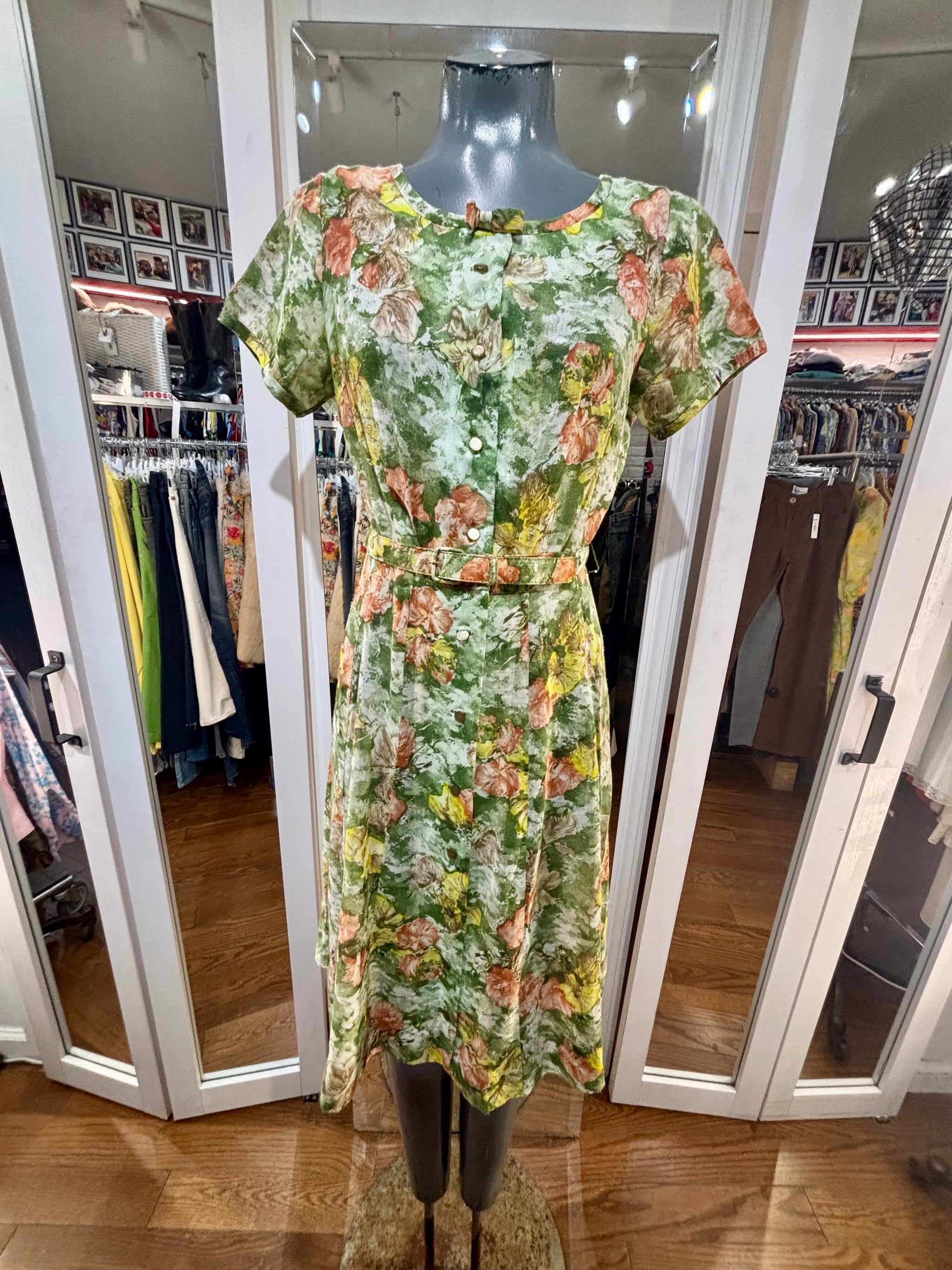 60's Green Cab Sleeve Multicolor Garden Flower Dress By Young Puritan – Hamlets Vintage