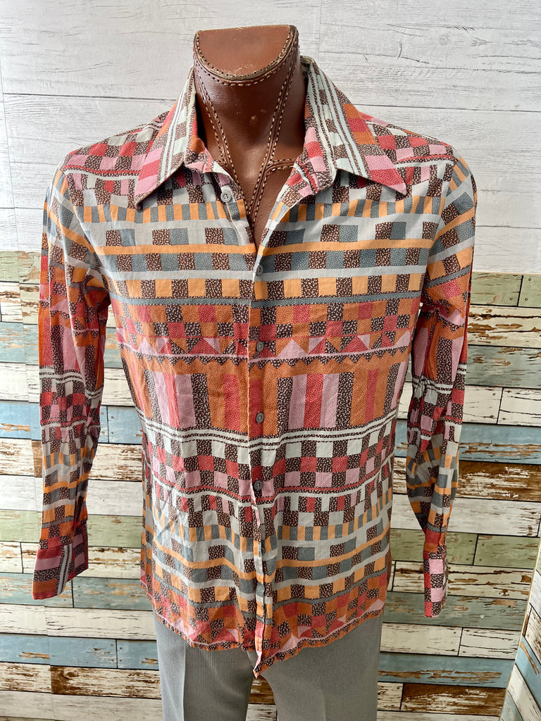 70’s Multicolor Aztec Print Disco Long Sleeve Shirt by Nik Nik