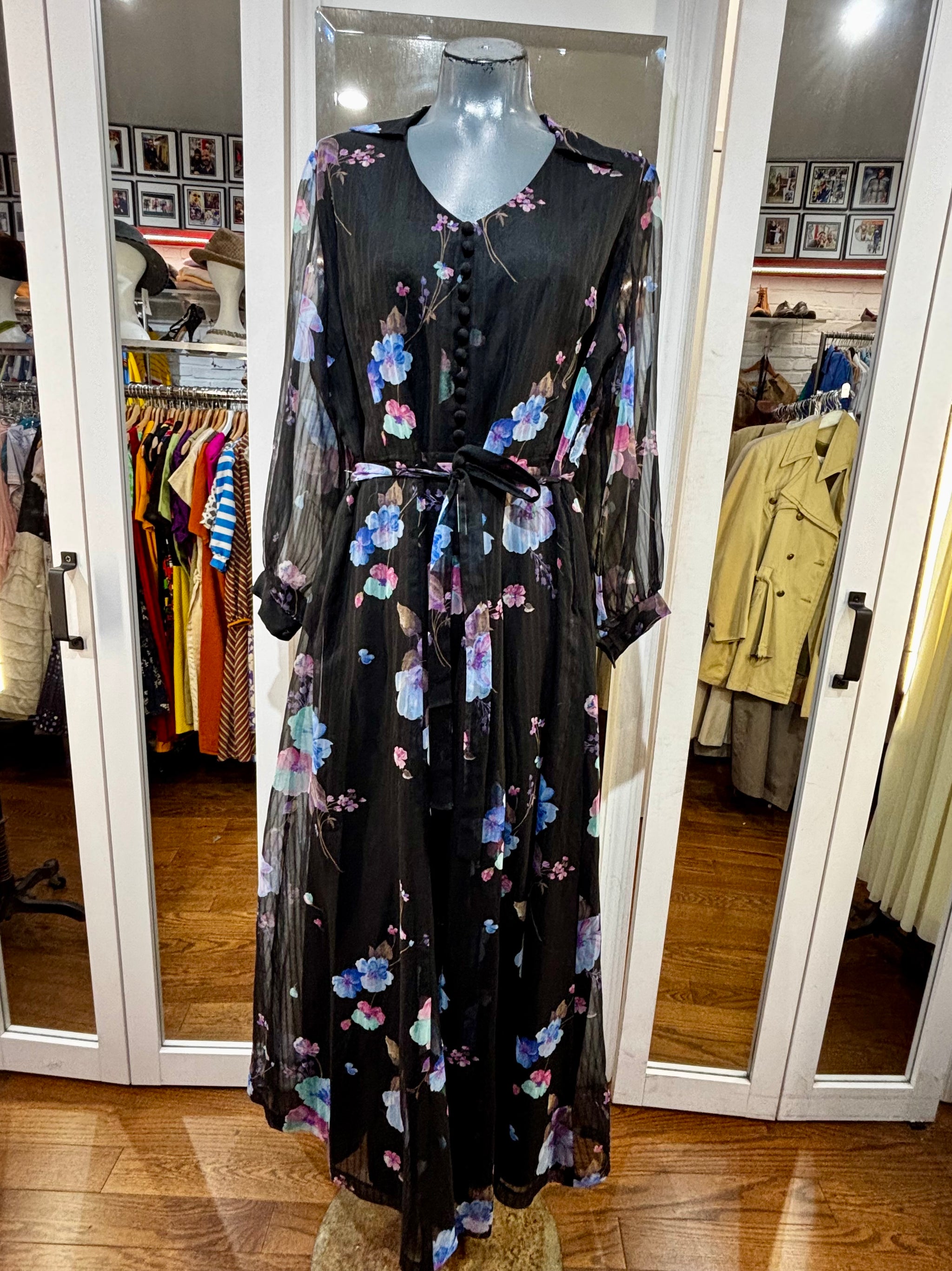 black sheer flower dress Extreme Cowl Neck Open Back Maxi Dress In Black Sheer Floral Devore | EGO US