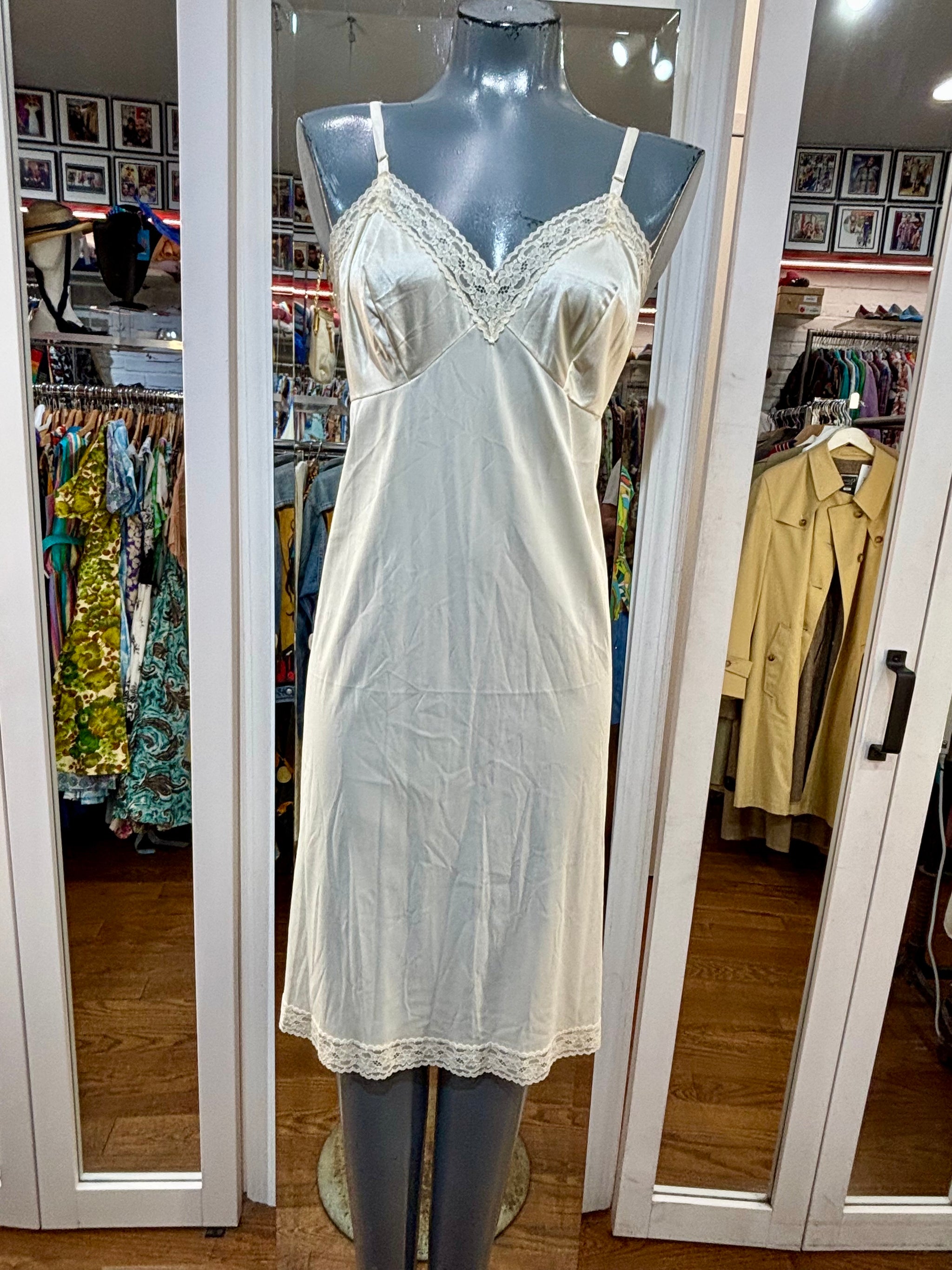 70’s Light Cream Slip Dress Featuring A Light Cream Lace Trim By Vanity Fair