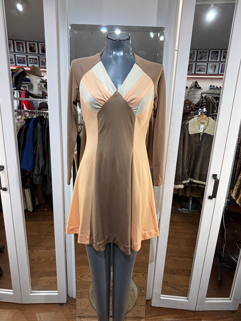 70's Brown And Peach long Sleeve Mini Color Block Dress – Hamlets Vintage
