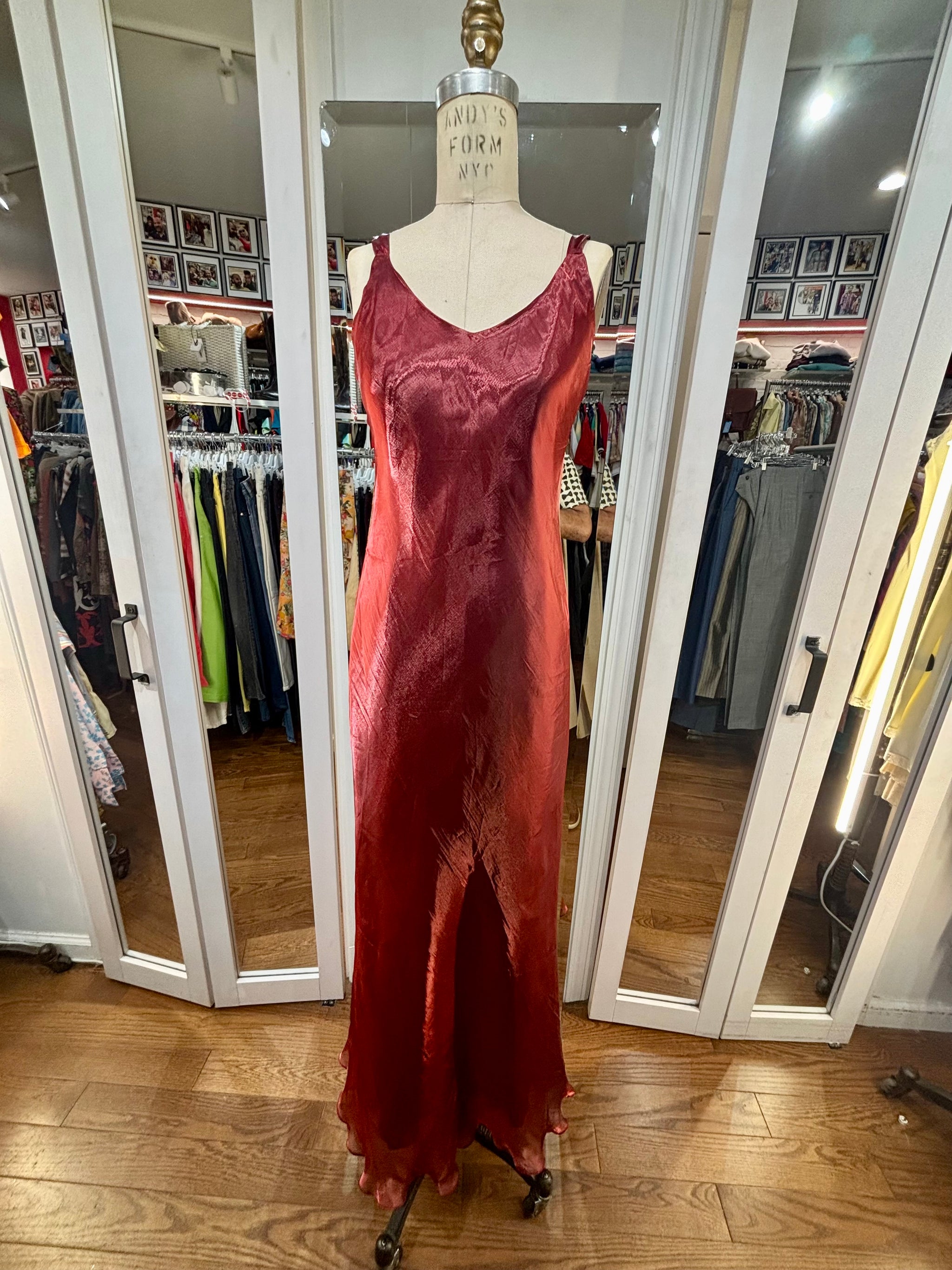 manhattan slip formal dress red 90's Metallic Maxi Strap spooky
