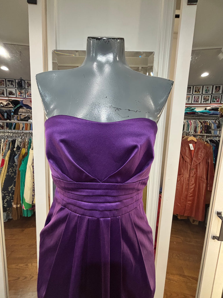 00’s Purple Strapless Mini Dress with Feathers - Hamlets Vintage