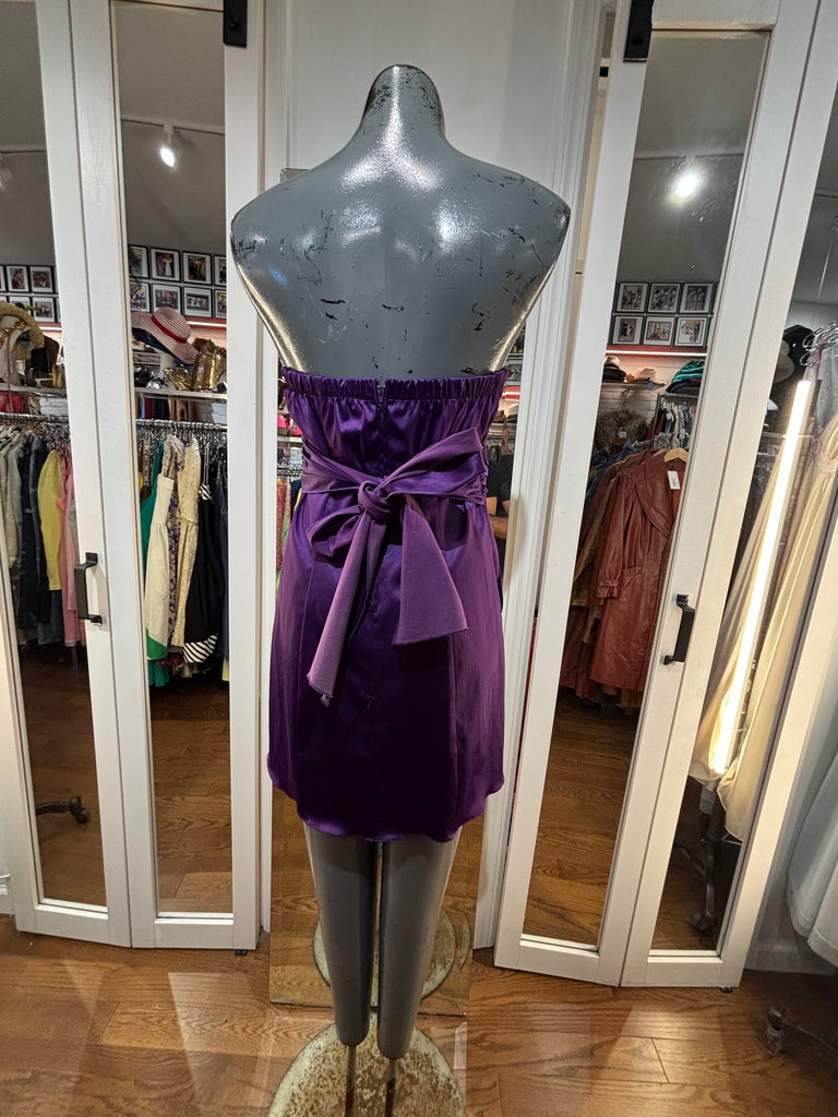 00’s Purple Strapless Mini Dress with Feathers - Hamlets Vintage