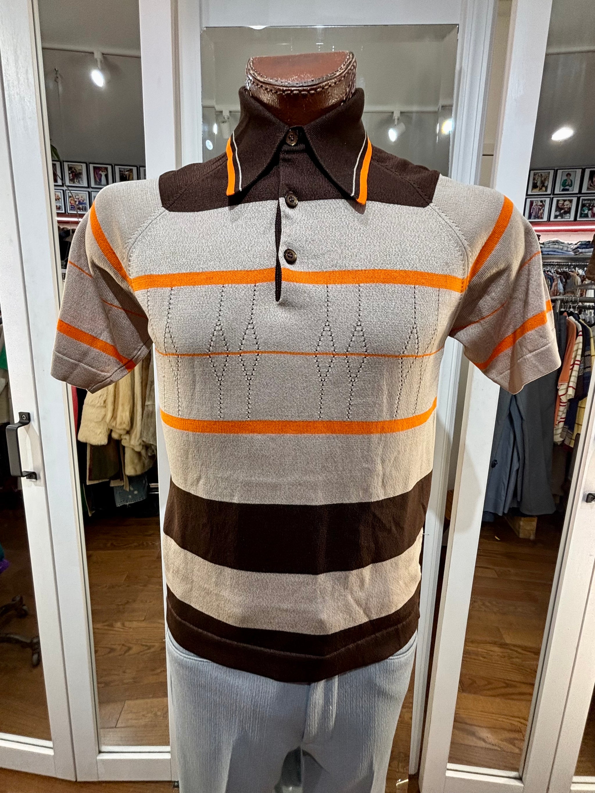 60's Beige And Brown Multicolor Stripes Collared Knit Short Sleeve