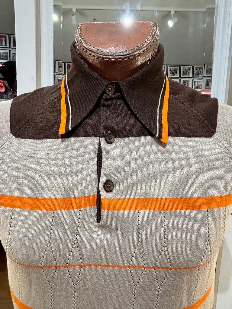 60's Beige And Brown Multicolor Stripes Collared Knit Short Sleeve
