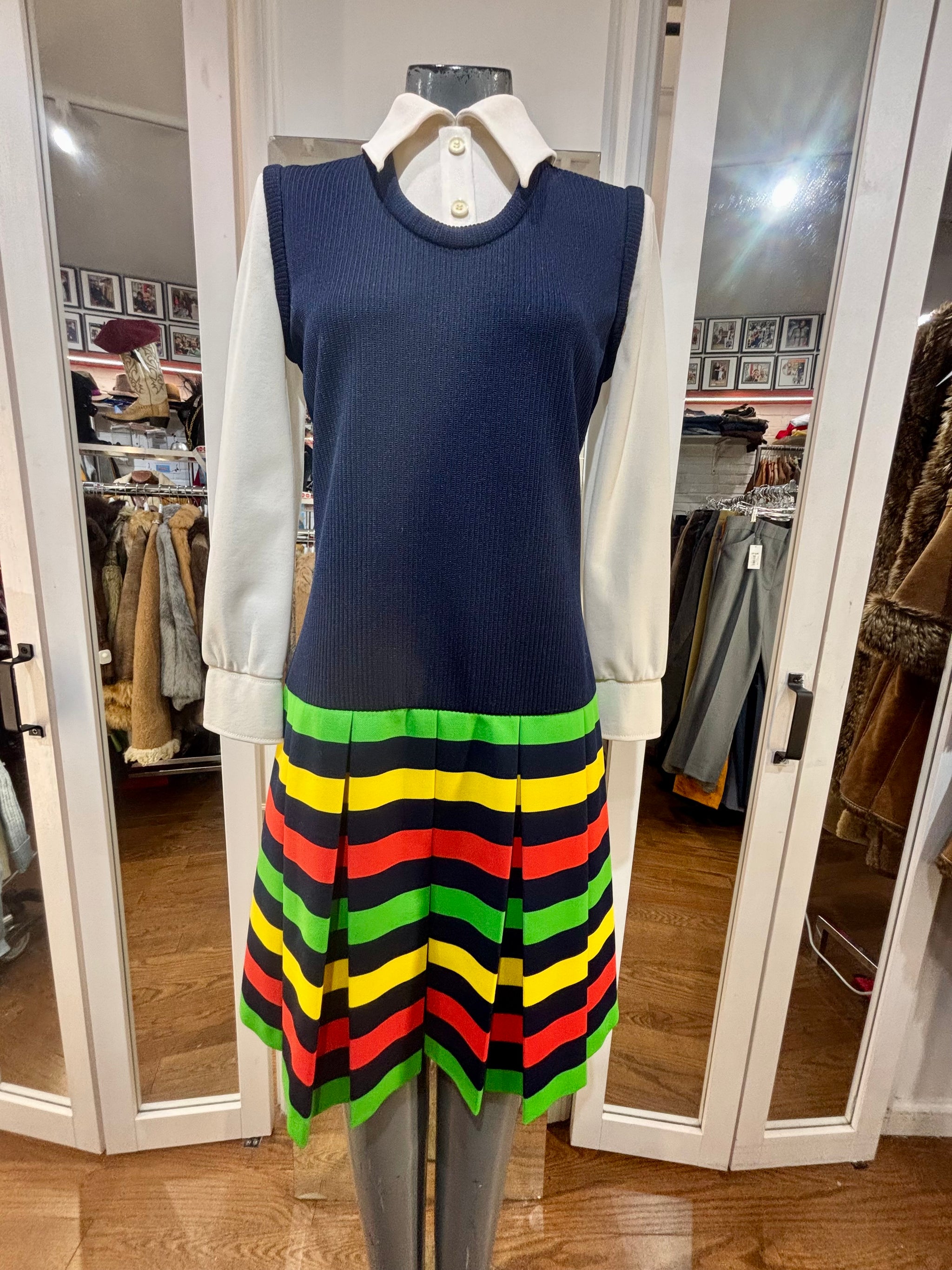 butte knit dress 70's Navy Multicolor Stripes With under Shirt Illusion By – Hamlets Vintage Collection_Spring26
