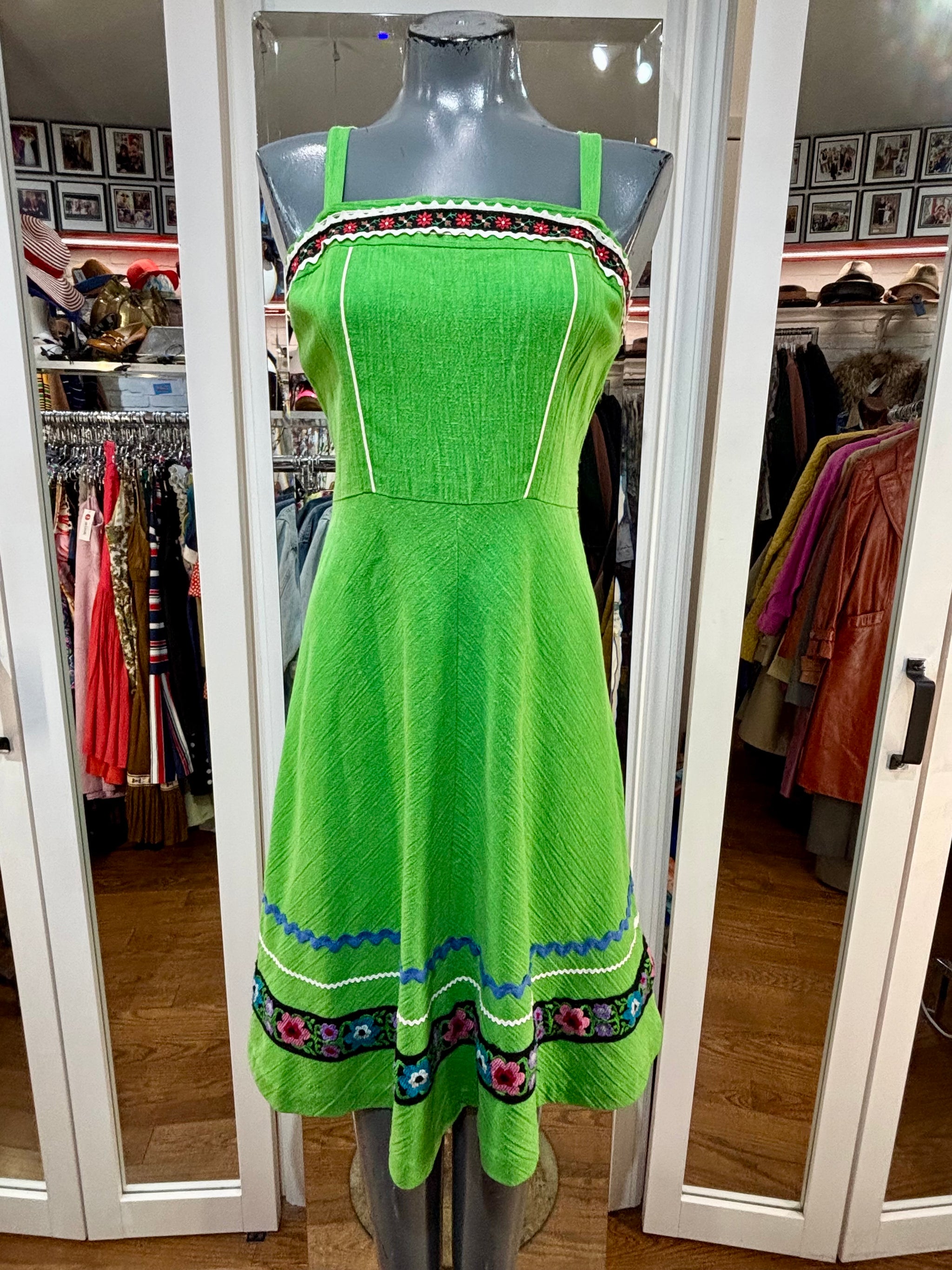 70’s Green With Multicolored Trim Fit & flare Dress By Byer California
