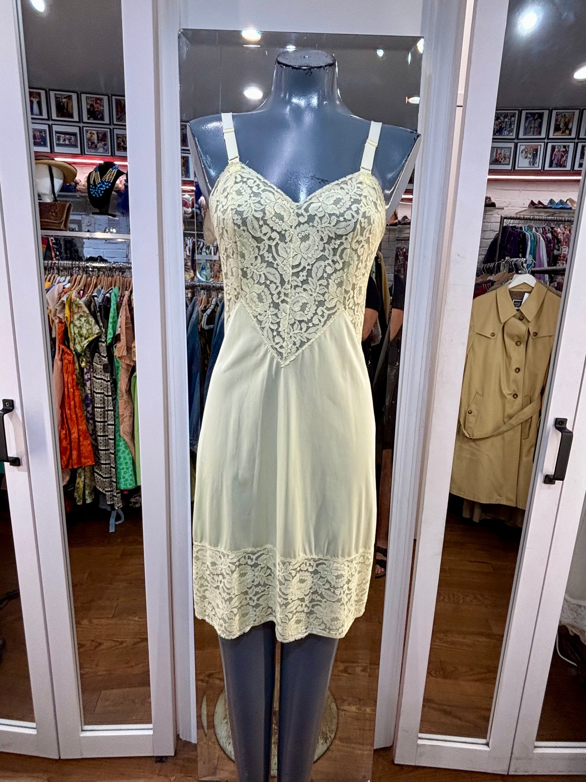 60s Light Yellow Slip Dress Featuring Lace Trims By Baronet