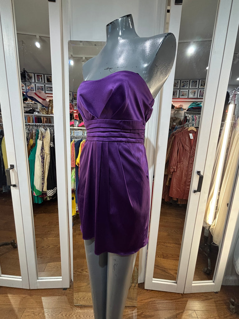 00’s Purple Strapless Mini Dress with Feathers - Hamlets Vintage