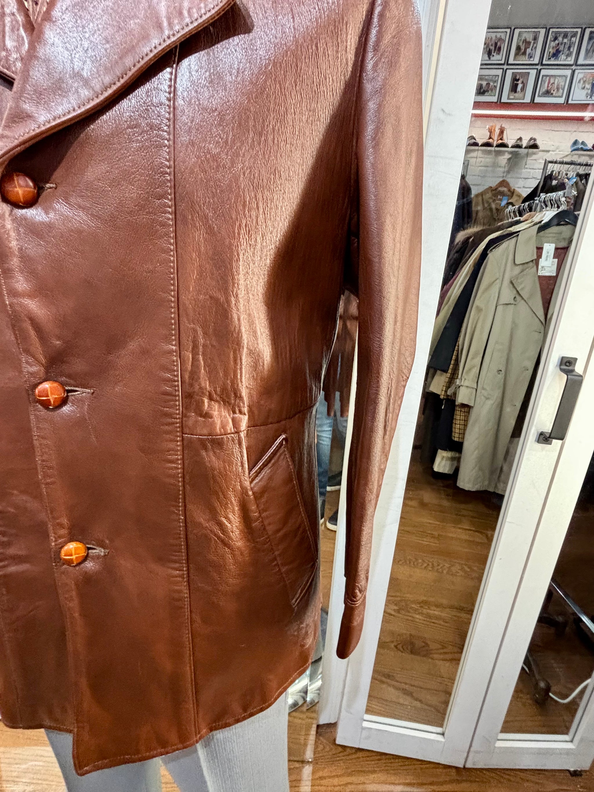 70's Brown Leather 3/4 Jacket By Angel Skin Cabretta Leather