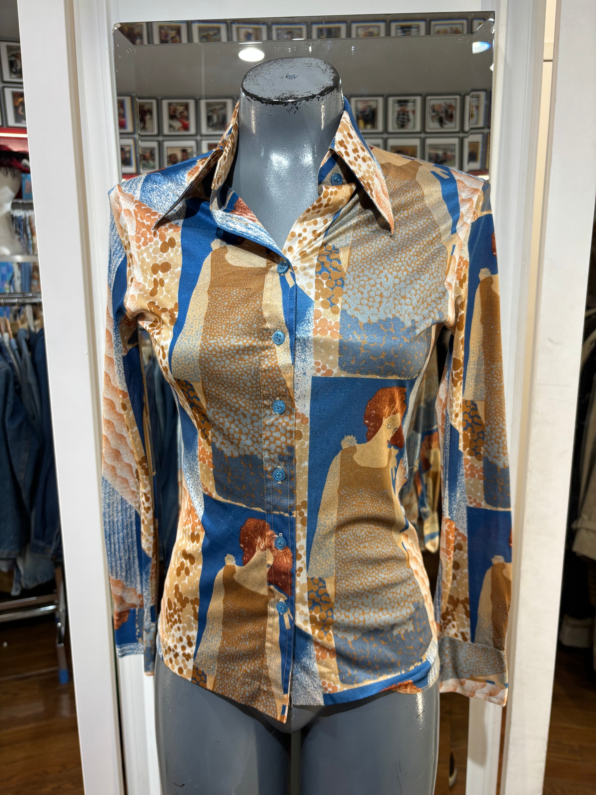 70's Sand Beige & Blue Vintage Lady Disco Print Blouse By Huk A Poo   Hamlets Vintage