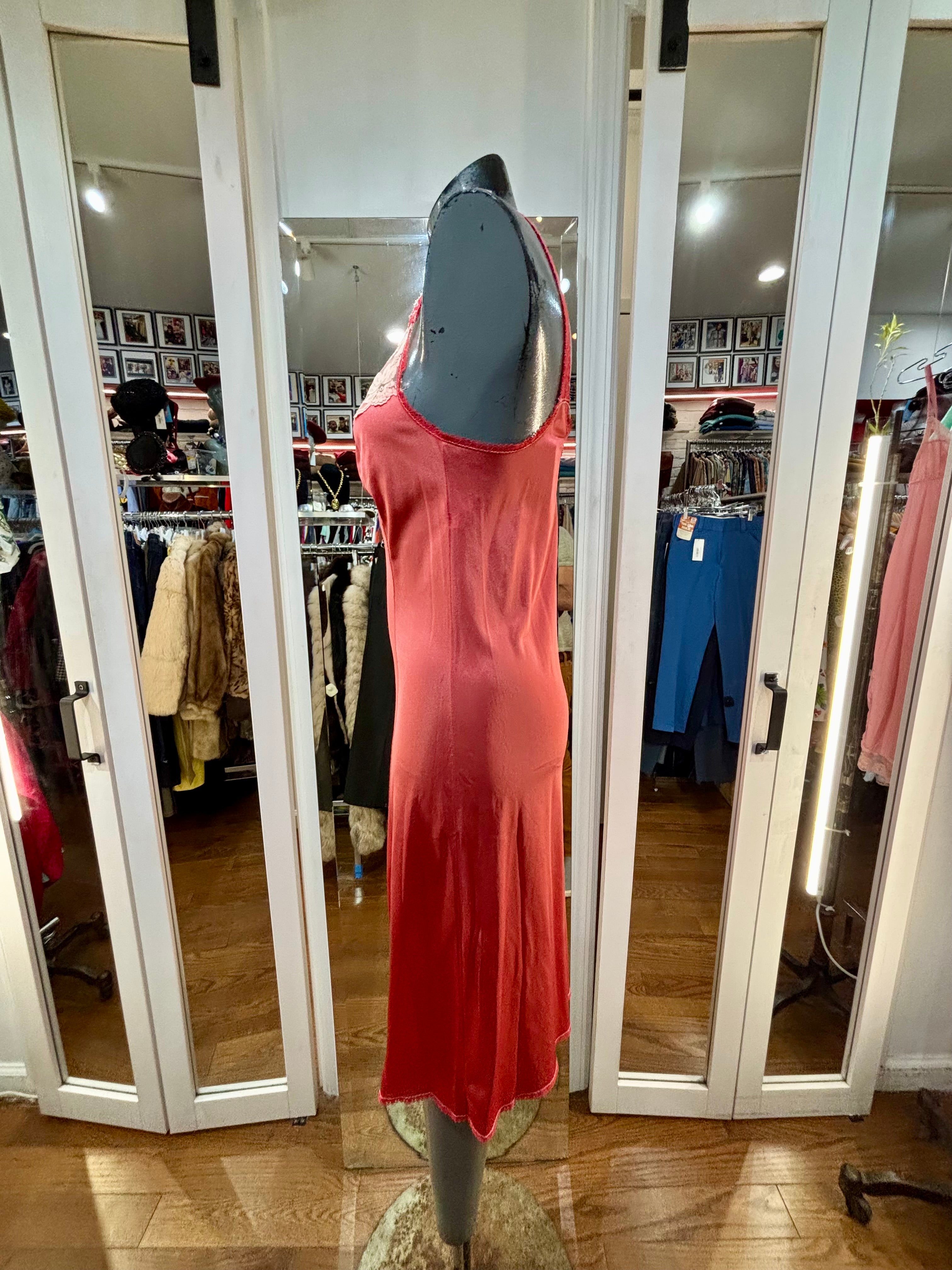 70's Red Slip Dress With Lace Detailing By Wise Buys / Maidenform  Hamlets  Vintage