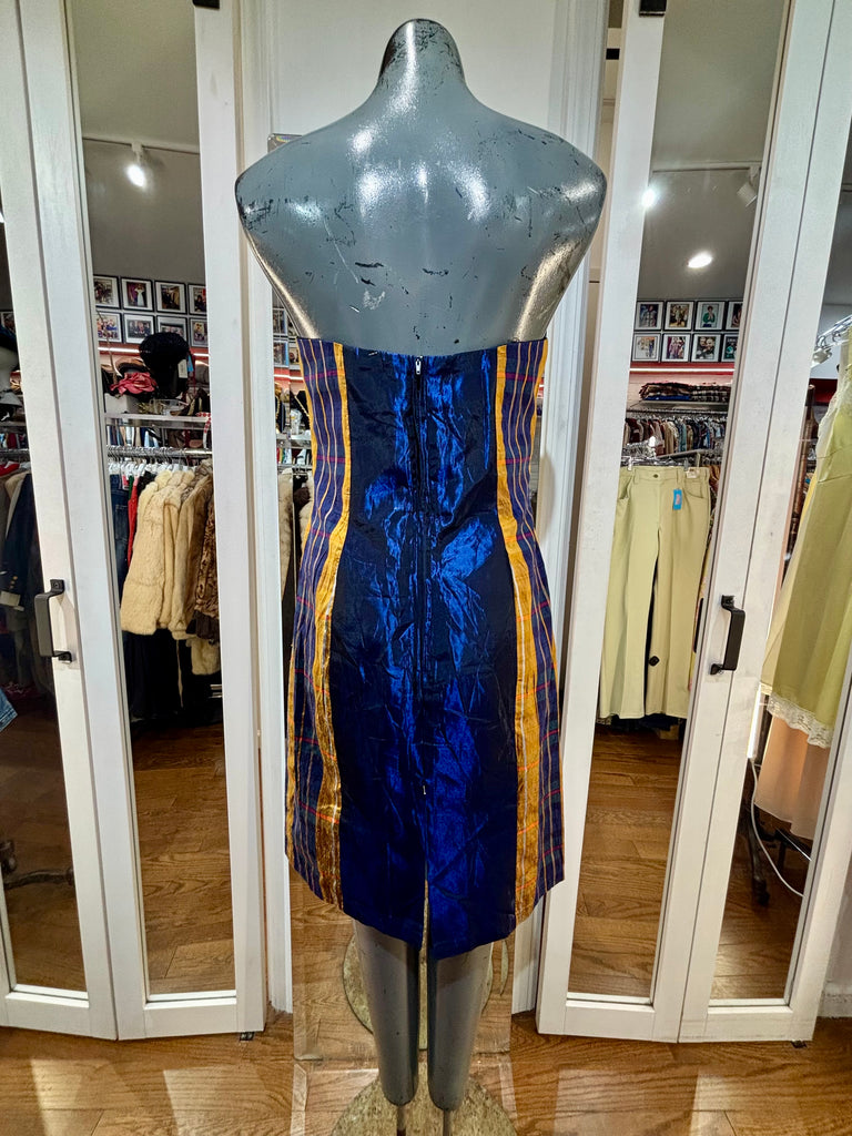 90’s Blue And Bronze Sized Panels Color Block Strapless Dress