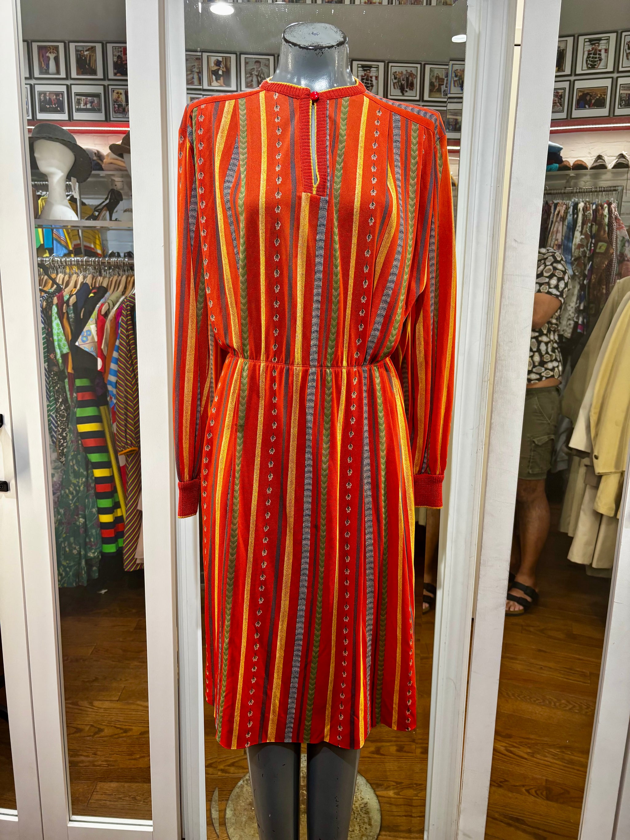 70's Orange Sheer Vertical Multicolor Stripes Cinch Waist Dress By Tib –  Hamlets Vintage