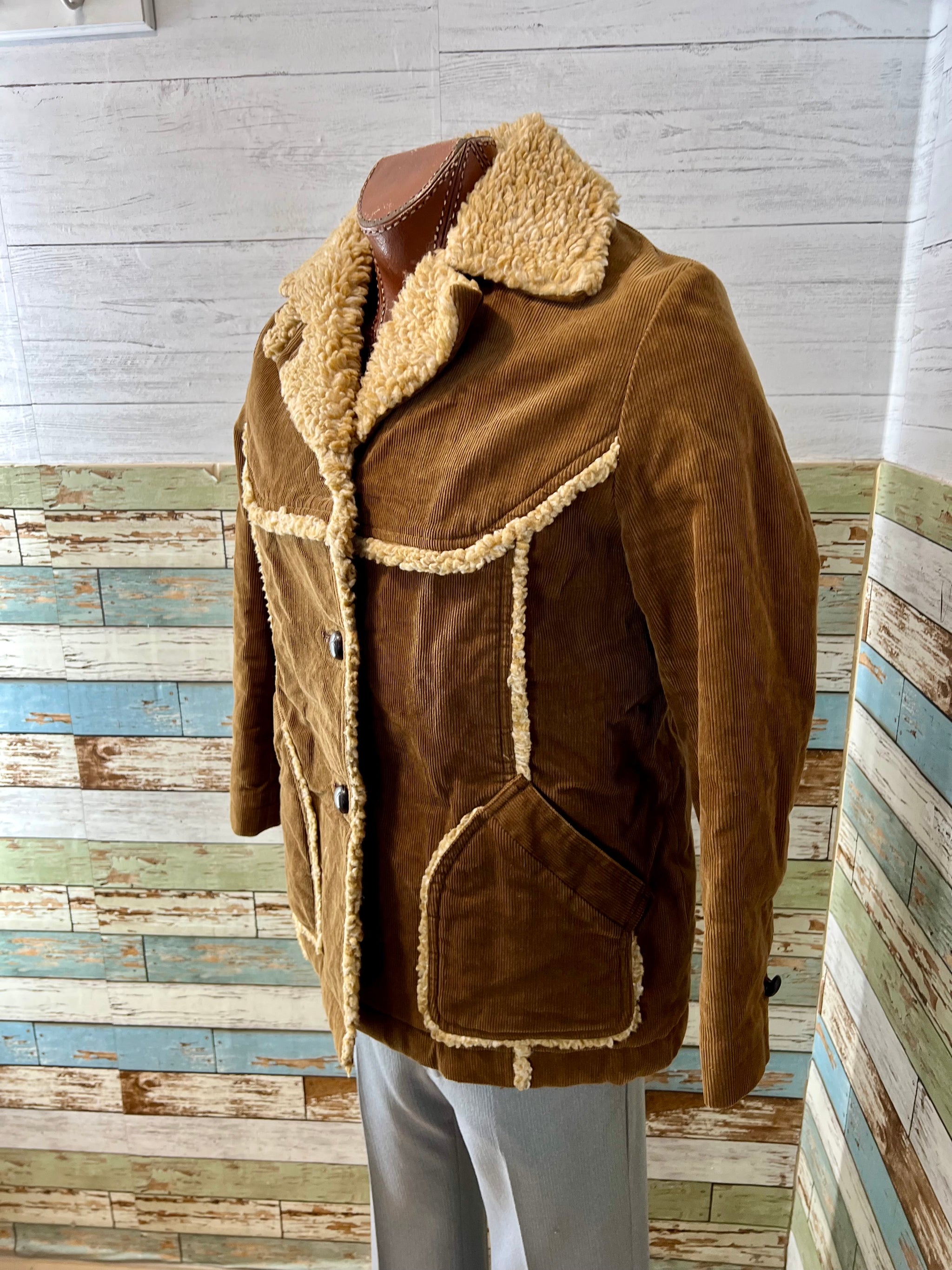 70's Brown Corduroy Western Coat With Faux Shearling Lining