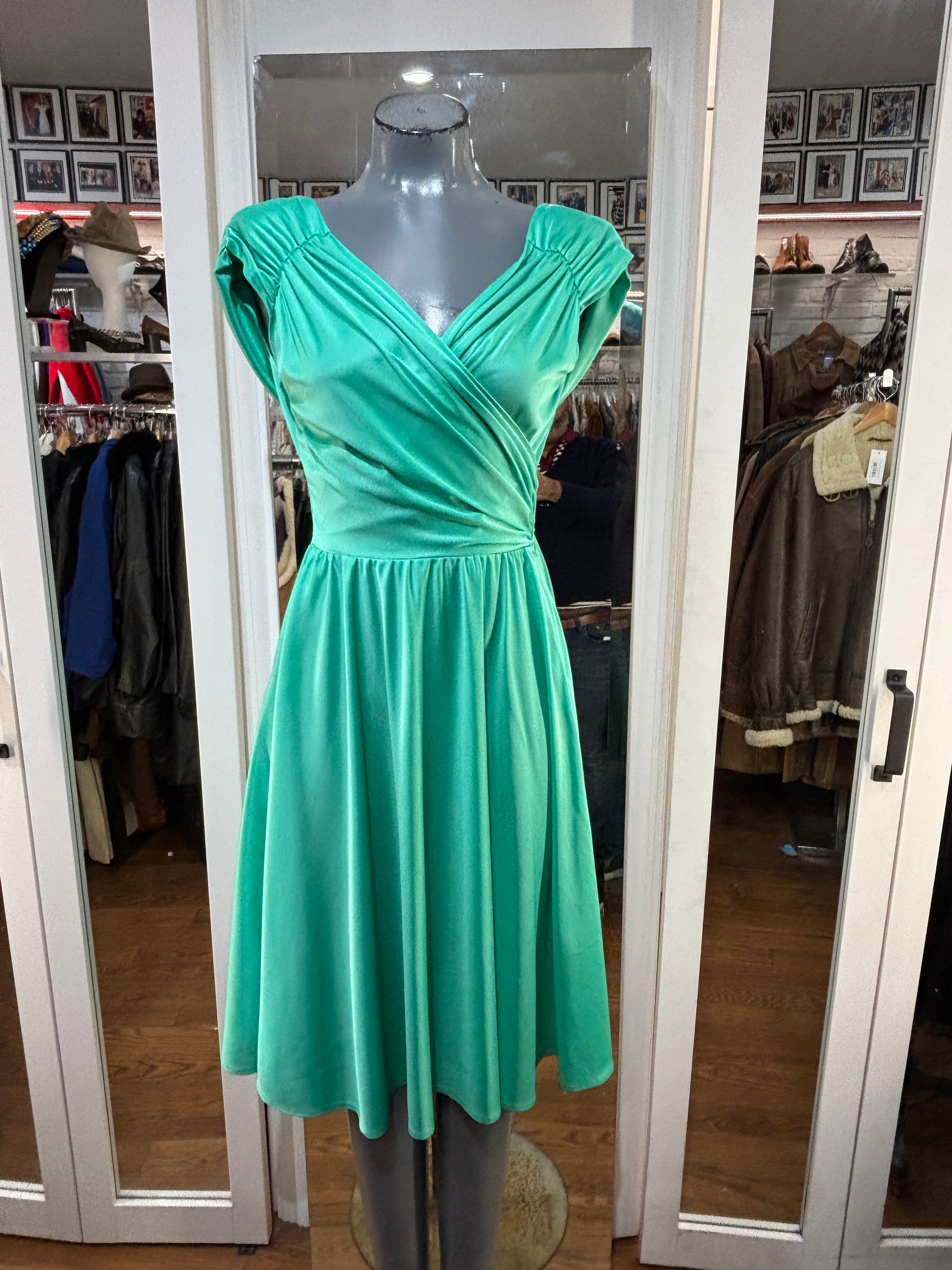 70s Aqua Green V Neck Drape Disco Fit And Flare Dress