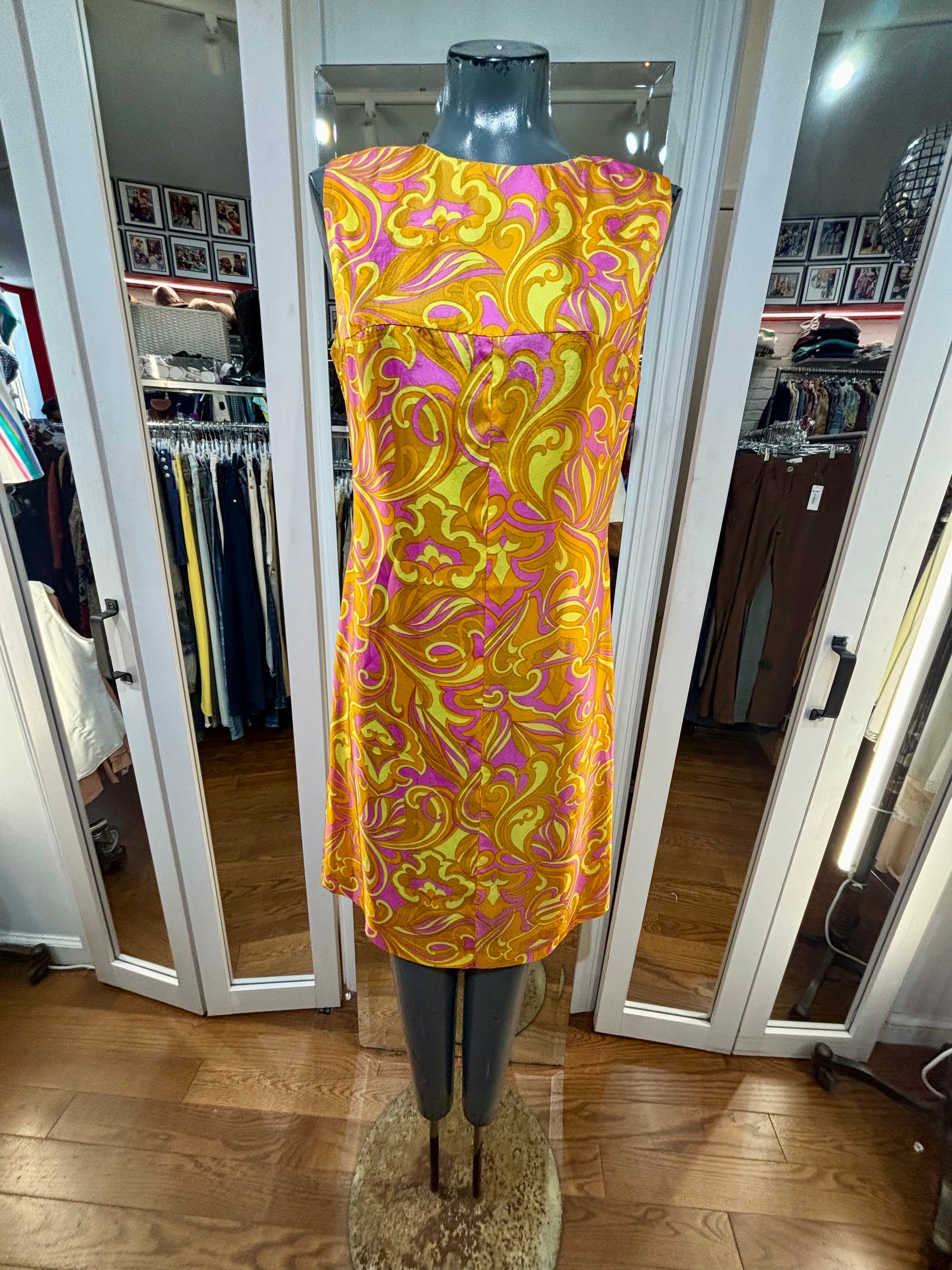 60's Yellow And Pink Abstract Print Non Sleeve Dress By Tricel Paser – Hamlets Vintage