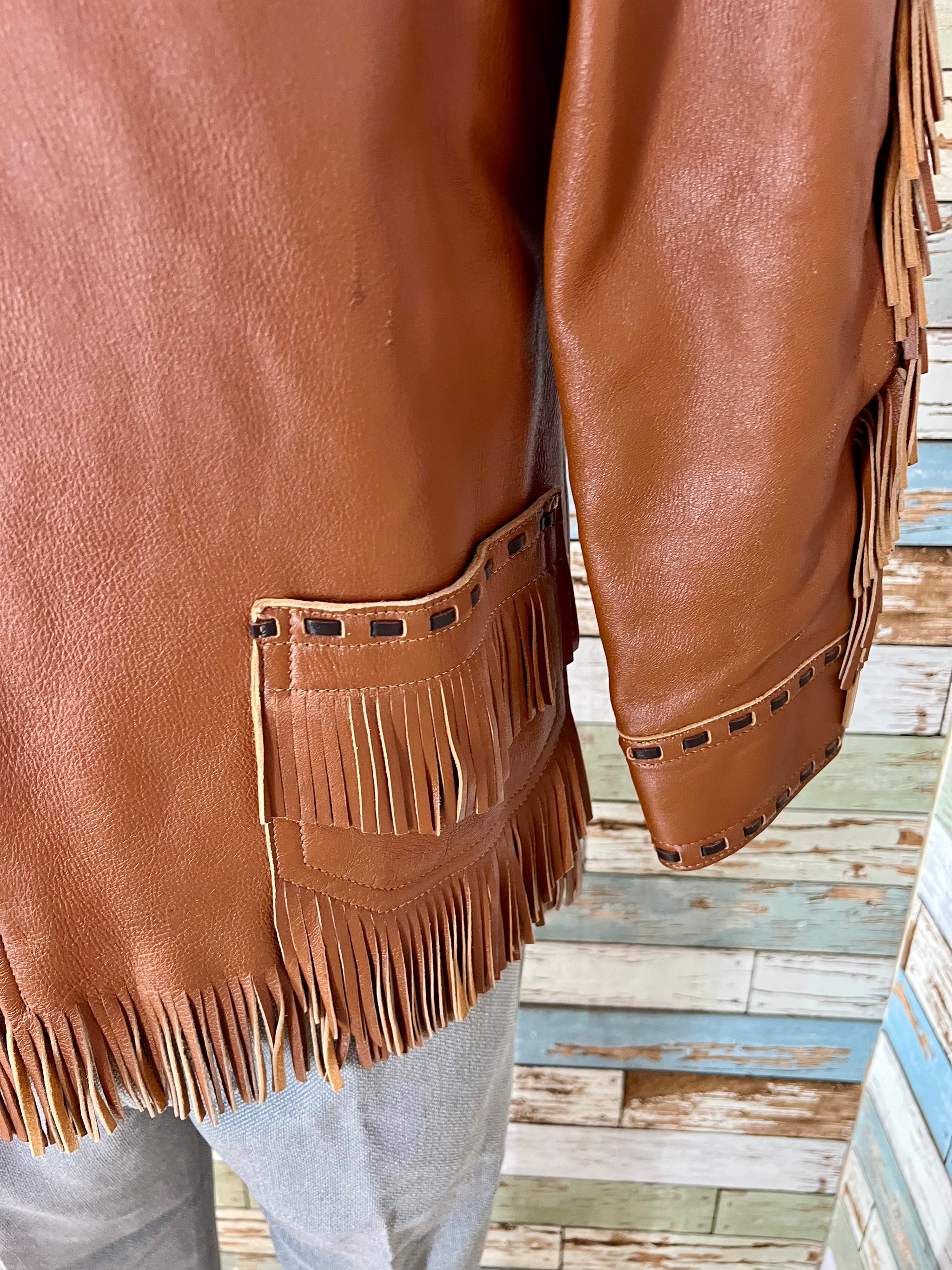 70's Brown And Black Fringe Leather Jacket By W. B. Place & Co