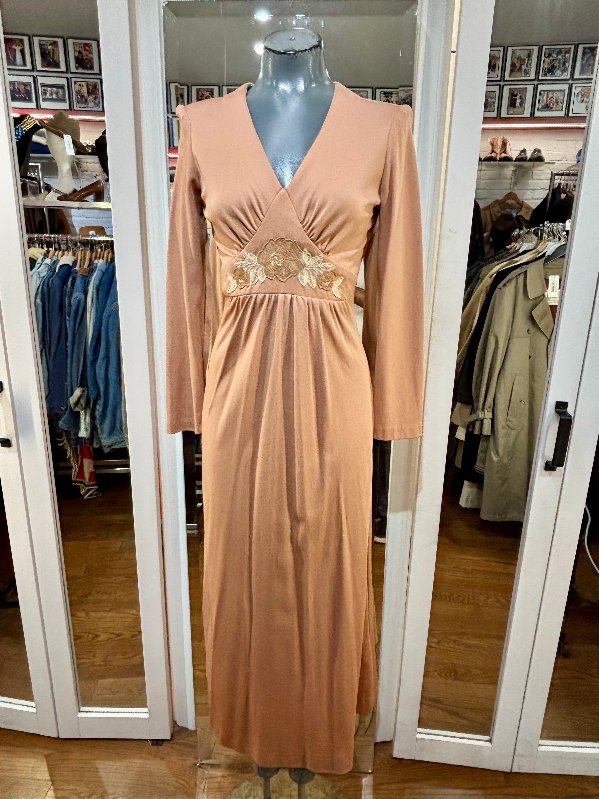 70s long Sleeve Empire Waist Maxi Dress With Embroidered Flower Detail Hamlets Vintage 70s long Sleeve Empire Waist Maxi Dress With Embroidered Flower Detail Hamlets Vintage