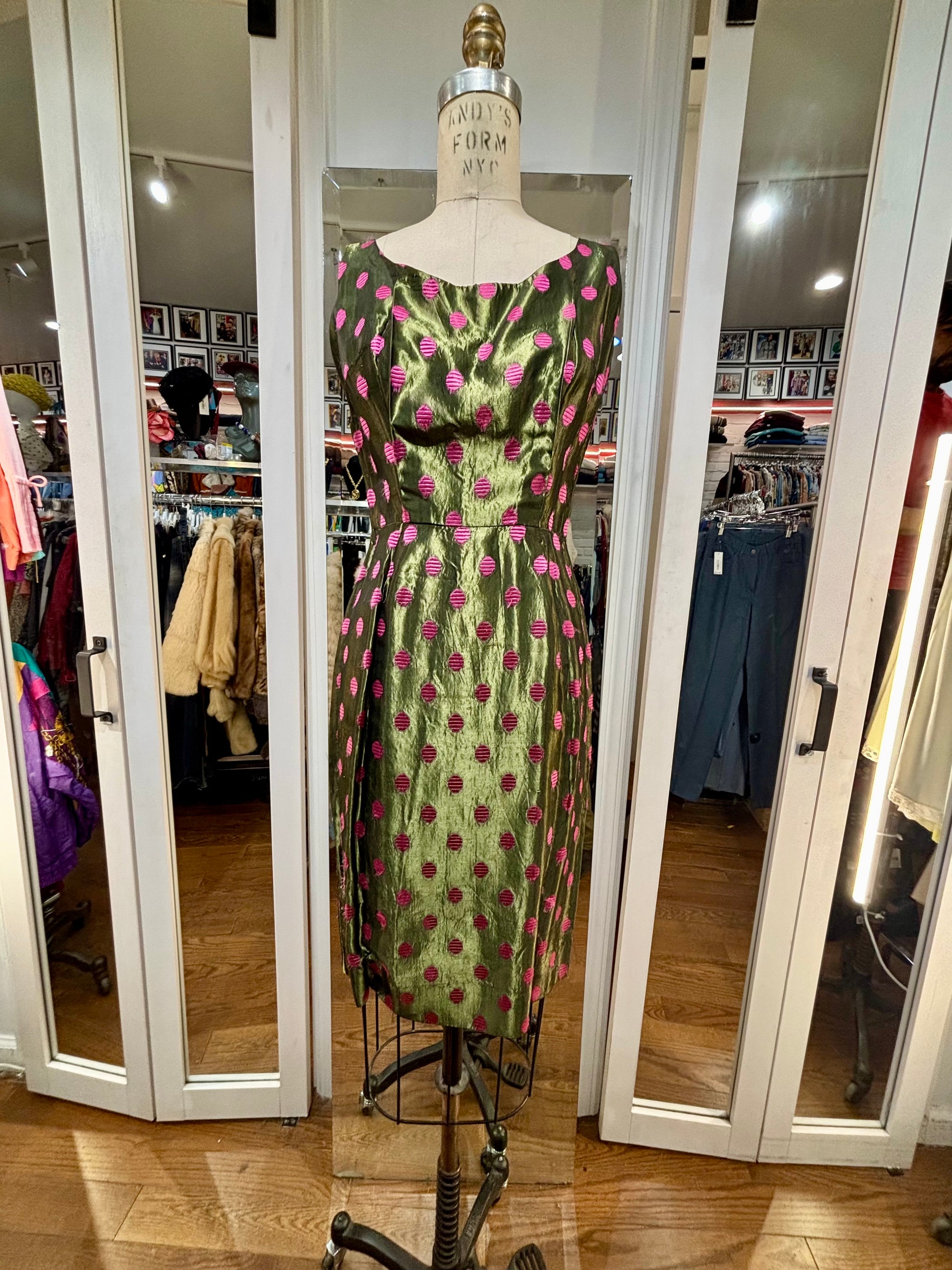 60's Metallic Green Cocktail Dress With Pink Polka Dots – Hamlets Vintage