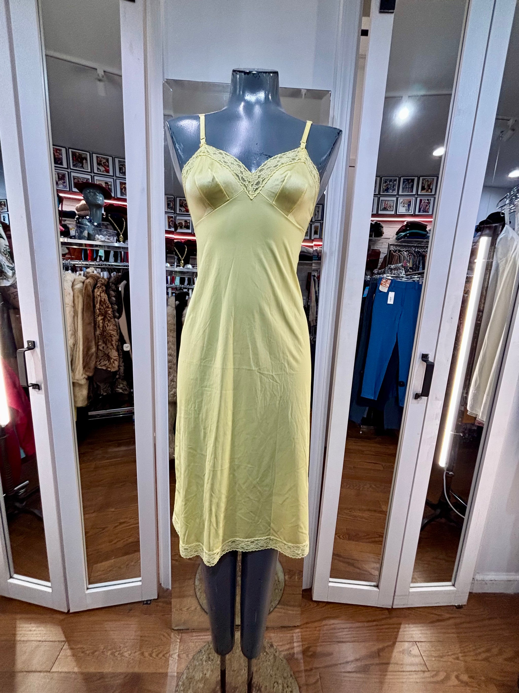 60s Canary Yellow Slip Dress With Lace Detailing 60s Canary Yellow Slip Dress With Lace Detailing