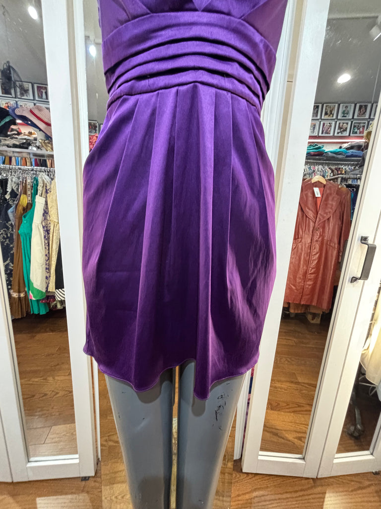 00’s Purple Strapless Mini Dress with Feathers - Hamlets Vintage