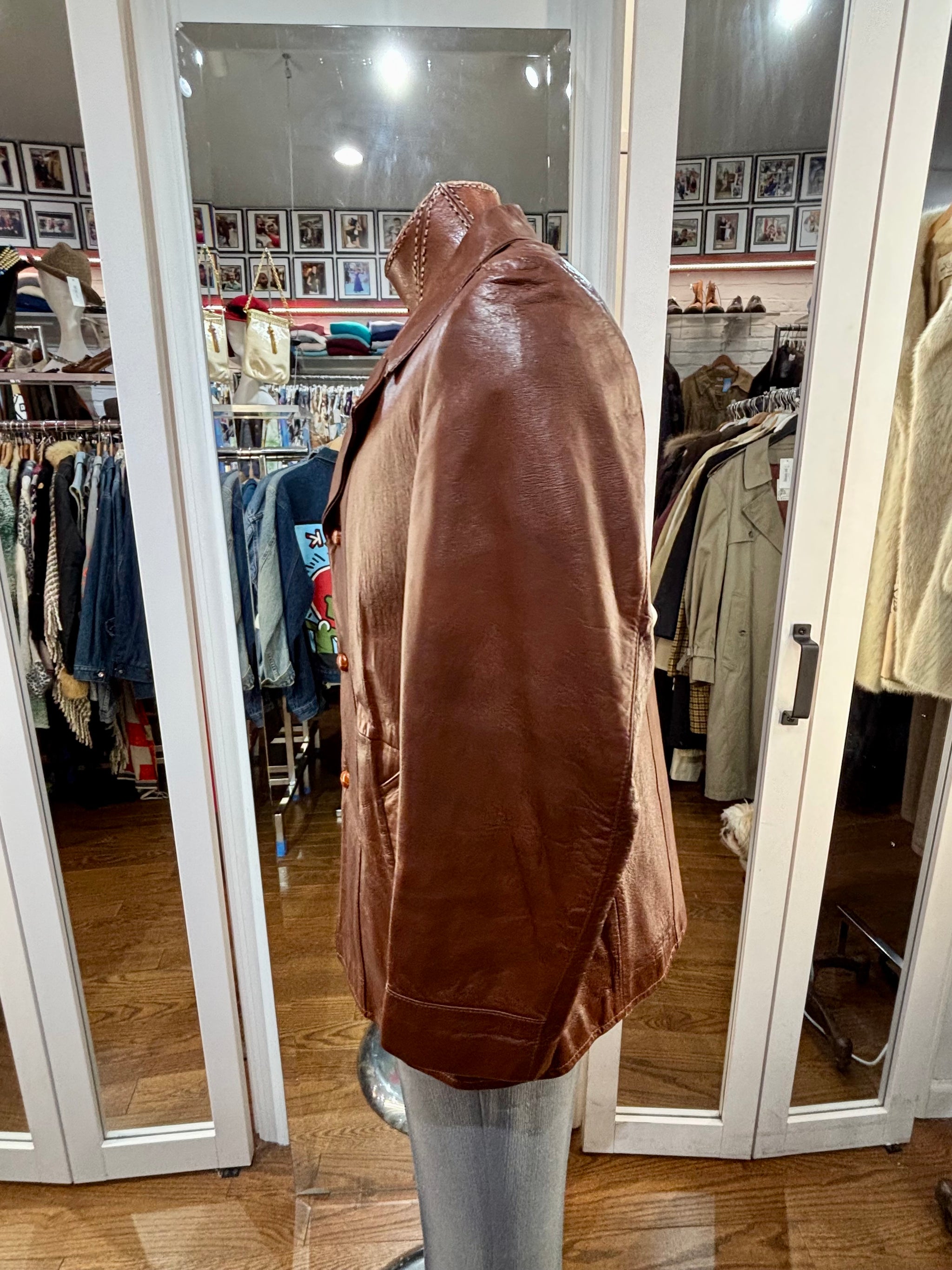 70's Brown Leather 3/4 Jacket By Angel Skin Cabretta Leather