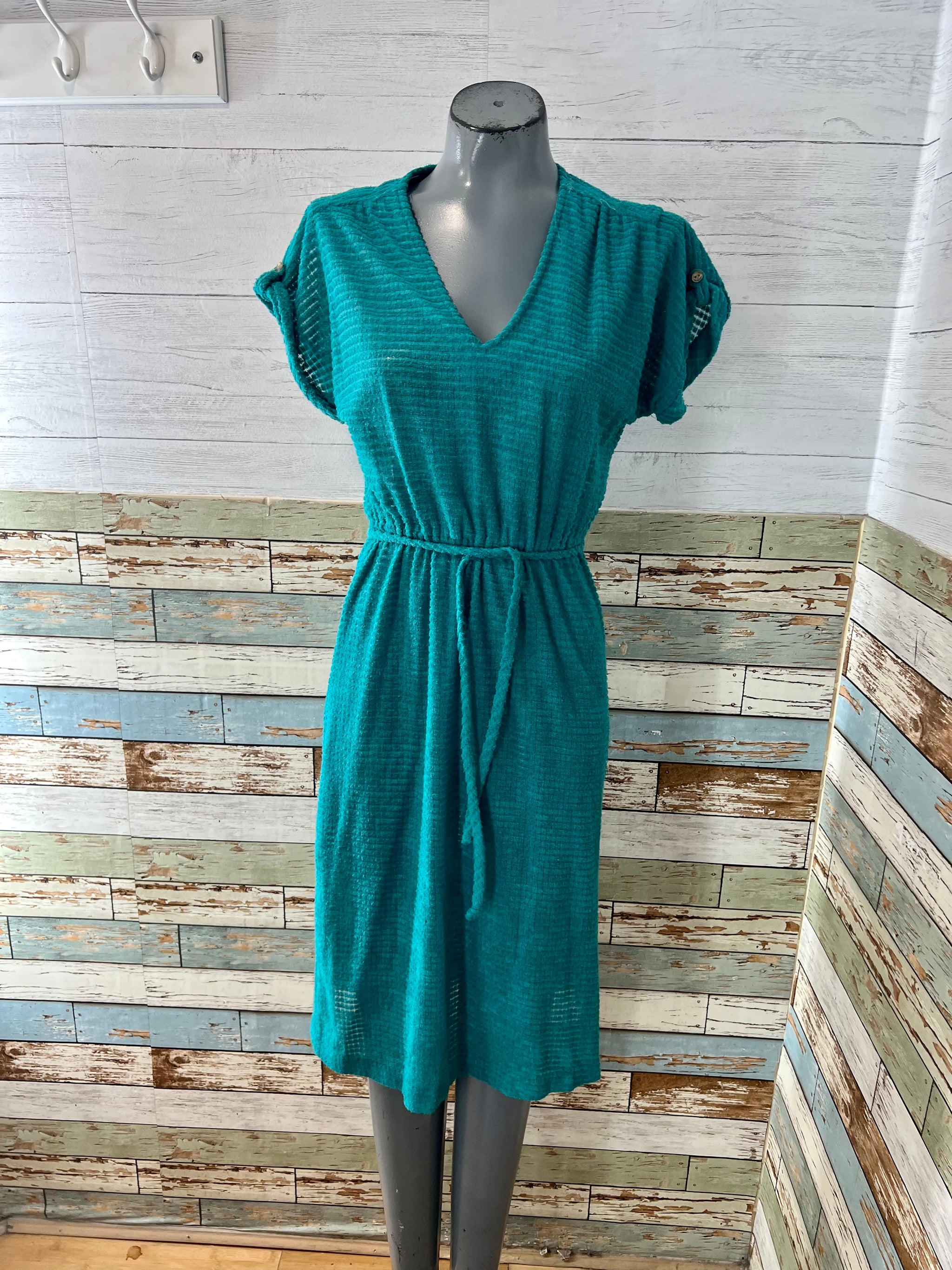 70's Green Teal Cap Sleeve Terry Cloth Cinch Elastic Waist Dress Hamlets Vintage 70's Green Teal Cap Sleeve Terry Cloth Cinch Elastic Waist Dress Hamlets Vintage