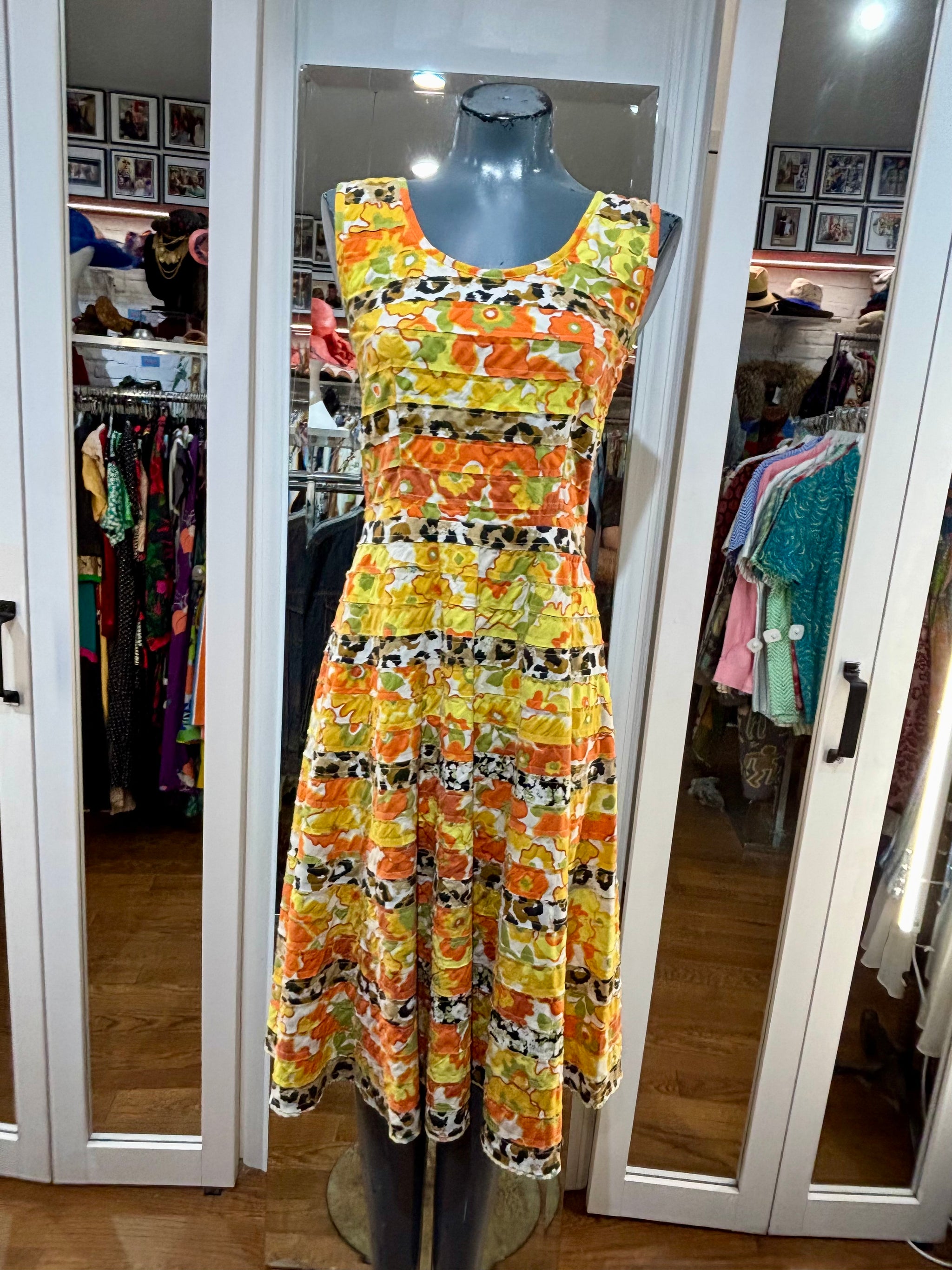 00’s Revival 60’s Yellow & Orange Multicolor Print Dress By SoHo Mode NYC