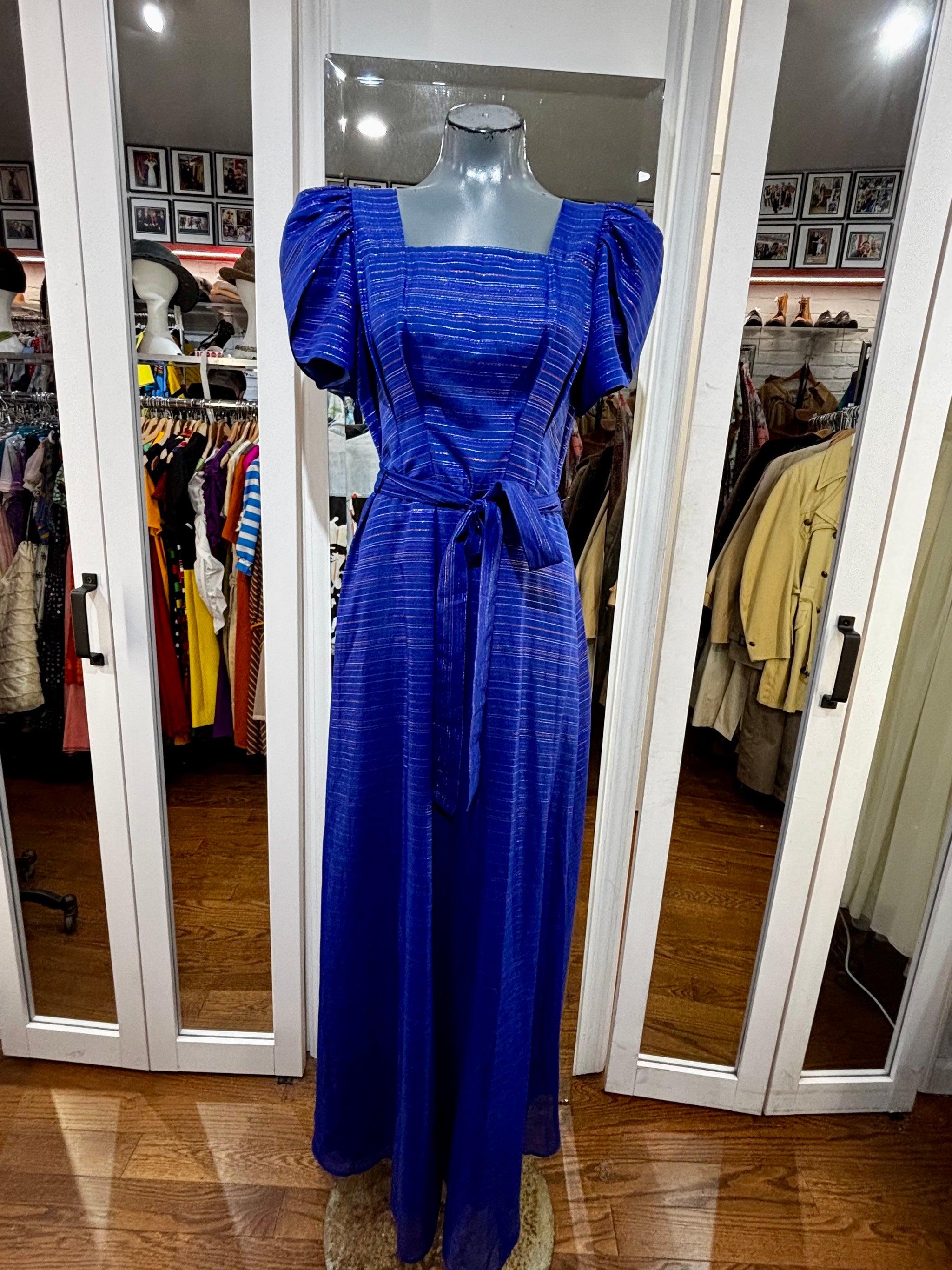chinese dress ladies 70's Royal Blue Multicolor Empire Waist Cap Layer Sleeve Maxi Dress –  Hamlets Vintage