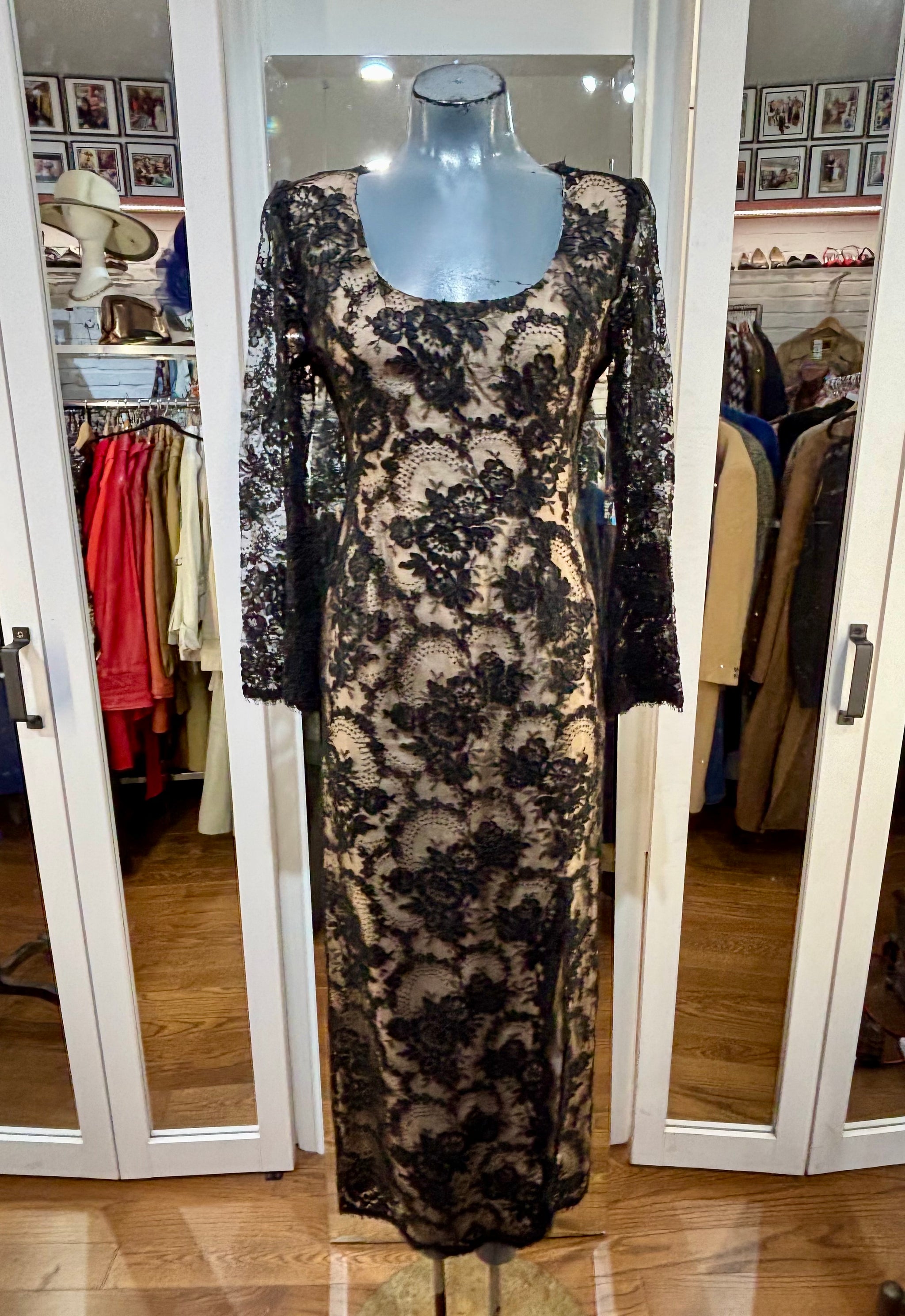 60's Black Lace Bell Sleeve Sheer Illusion Gown  Hamlets Vintage