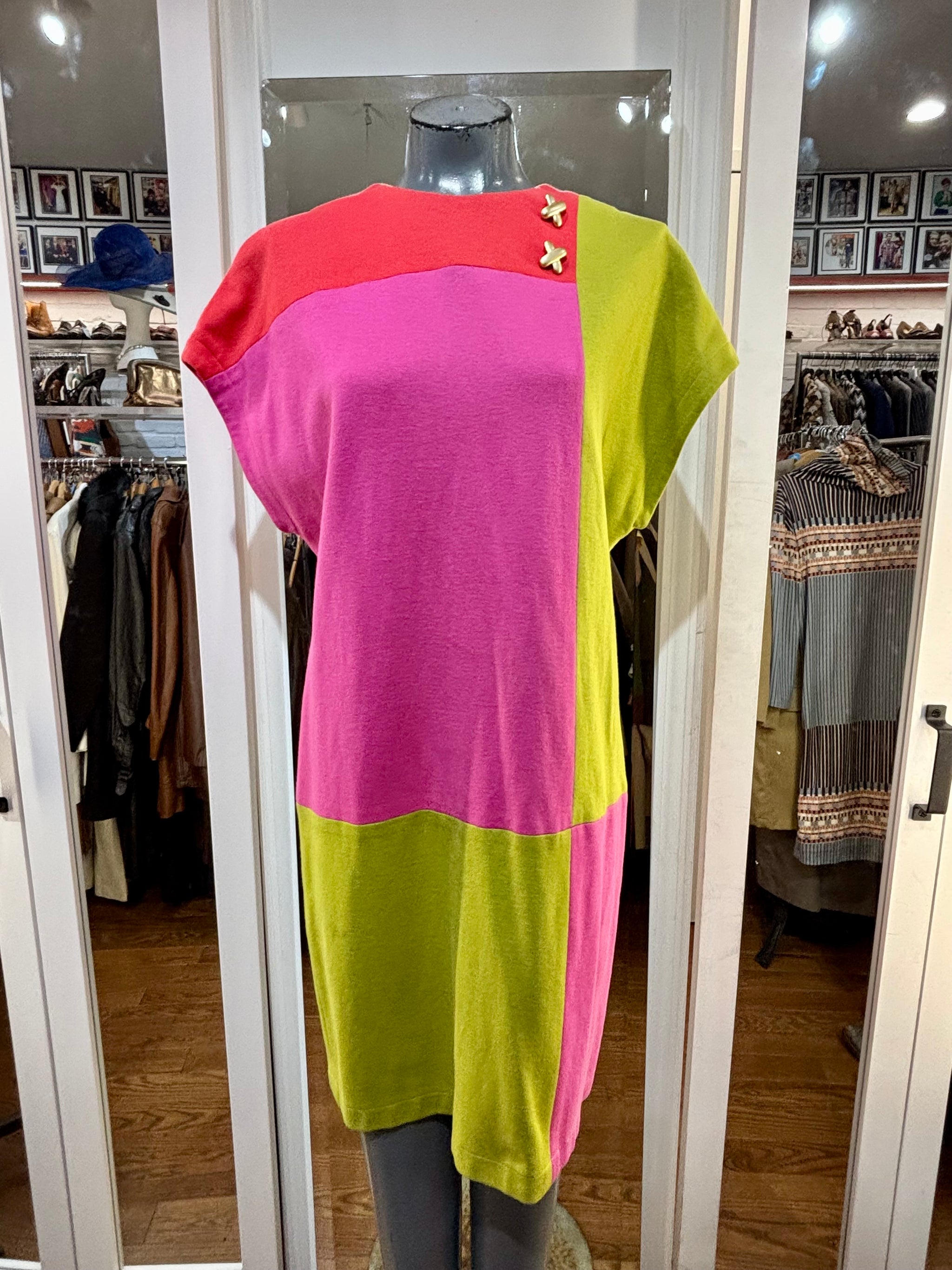 80's Neon Pink Green & Orange Color Block Cap Sleeve Dress by Donna Mo Hamlets Vintage 80's Neon Pink Green & Orange Color Block Cap Sleeve Dress by Donna Mo Hamlets Vintage