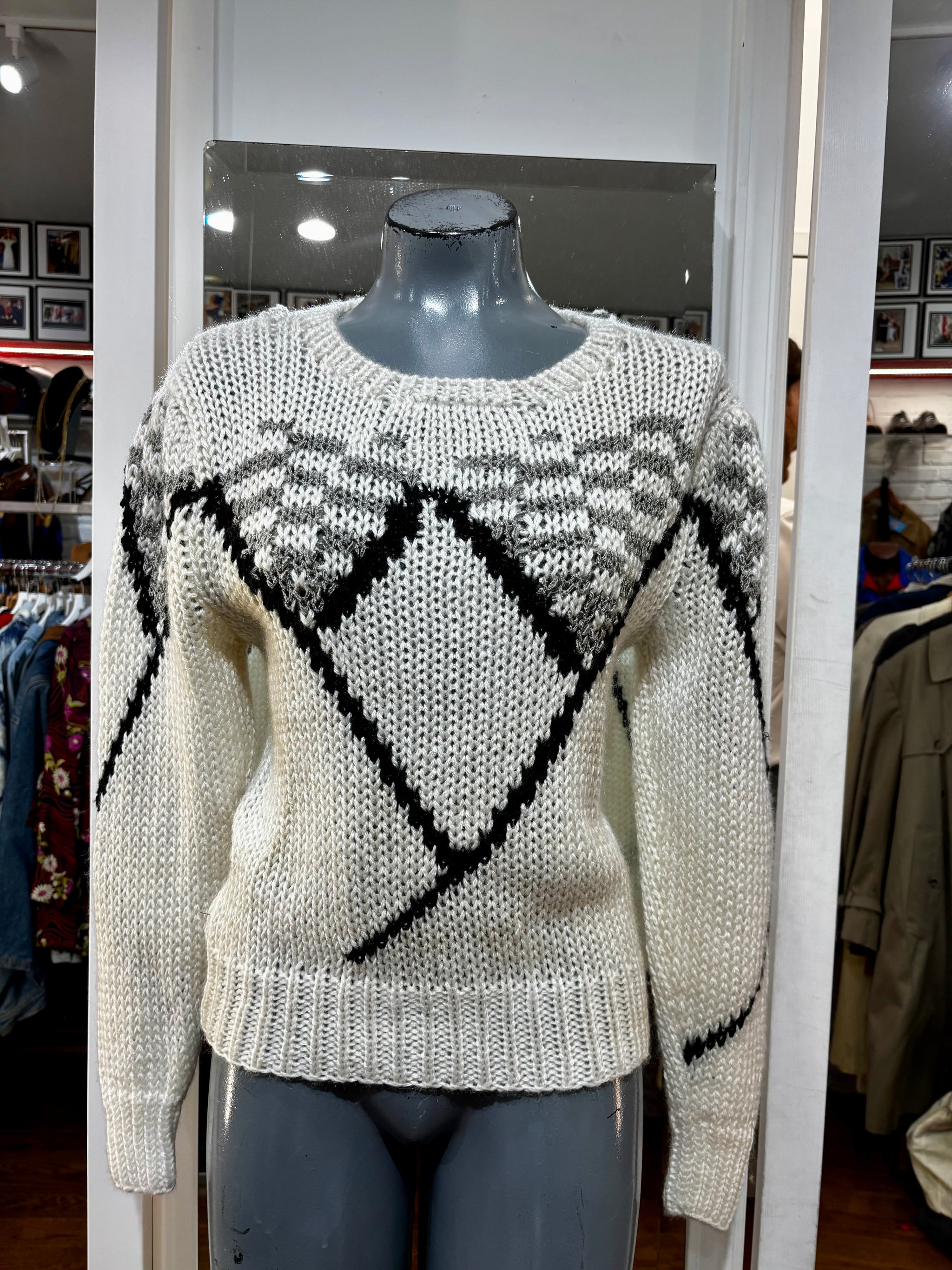 80’s Off White Crew Neck Sweater With Mountain Knitting Scenery By Sheridan  Unique