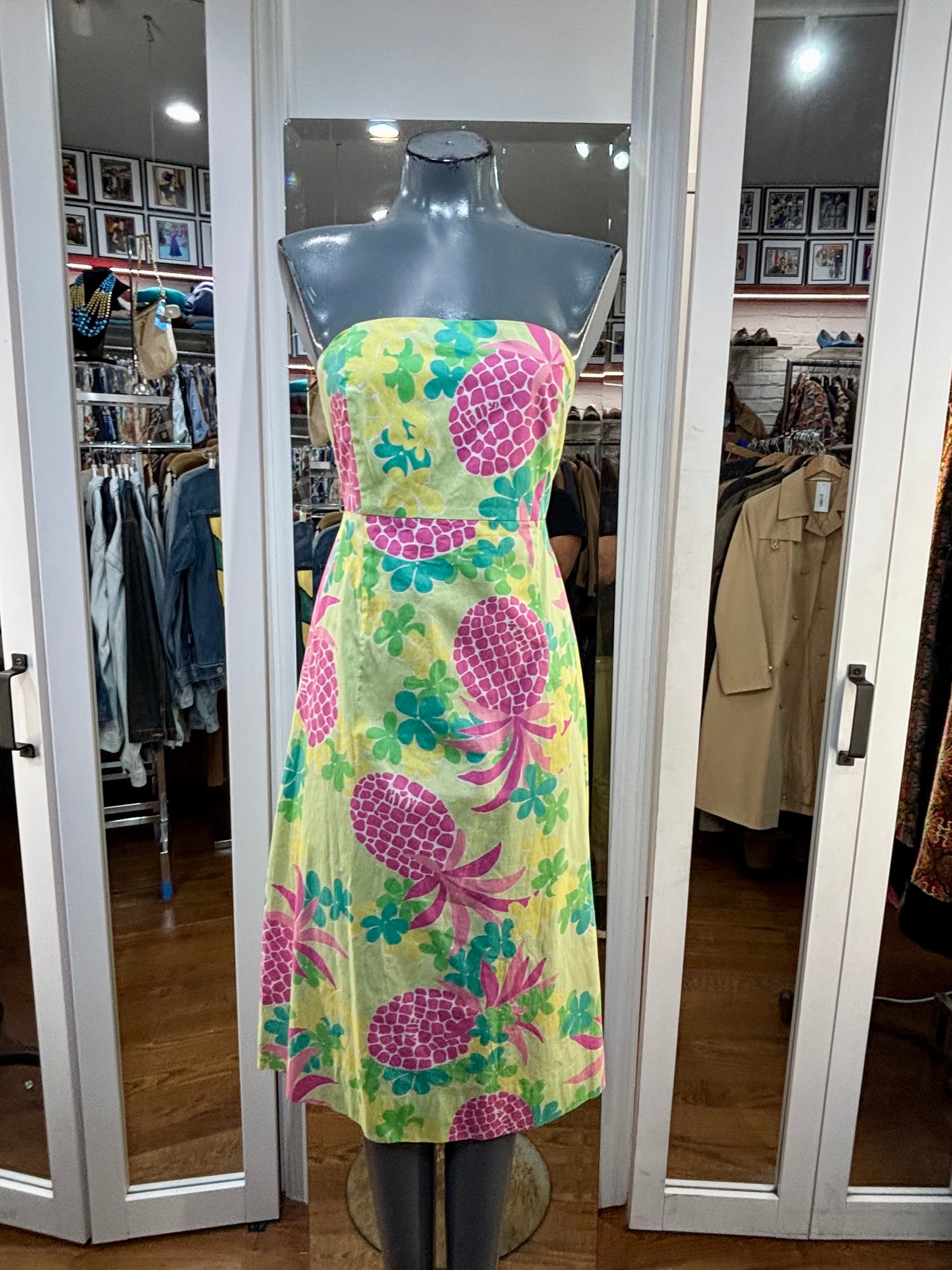 90’s Green & Pink Pineapple Print Strapless Dress by Lilly Pulitzer