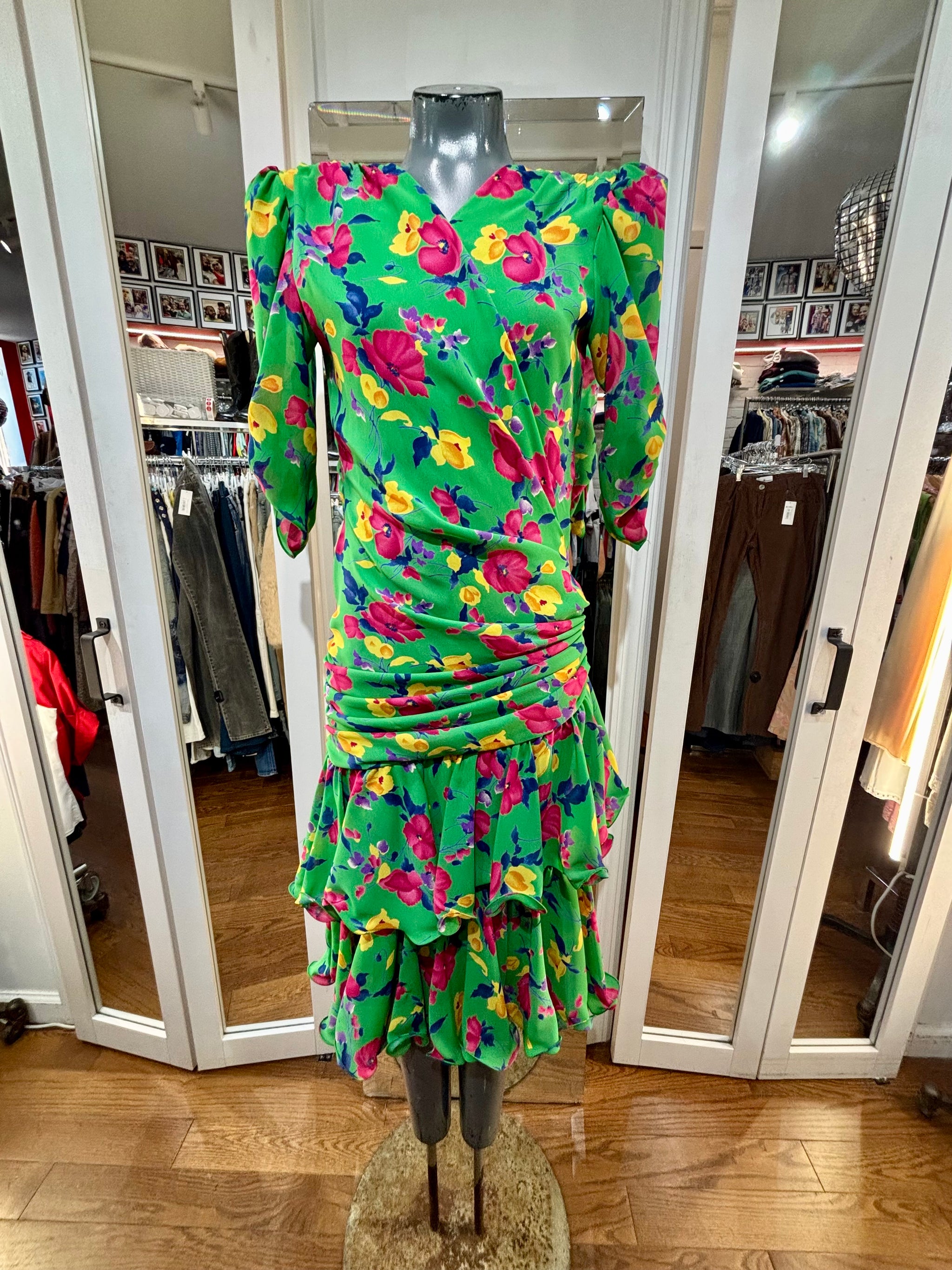 80’s Going 40’s Green Wrap Pleated Multicolor Print Flowers Dress
