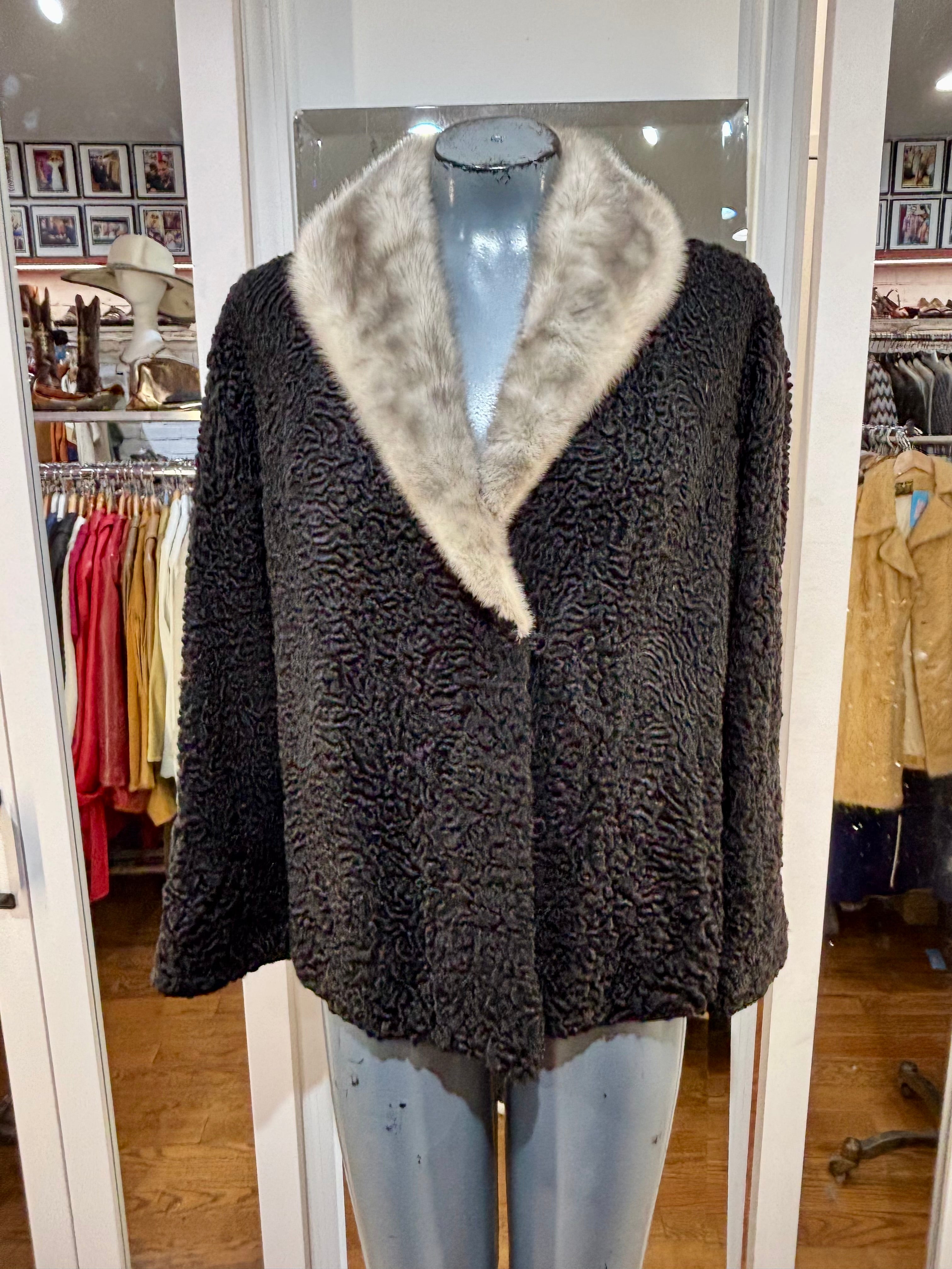60's Persian Lamb Short Coat With Gray Mink Collar