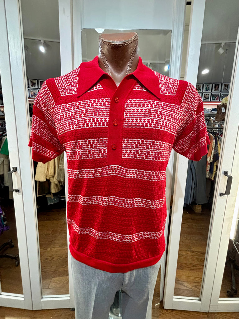 トップス 60s DONEGAL Italian collor rayon shirt M 60's Red And White Texture Stripes Collared Knit By Donegal