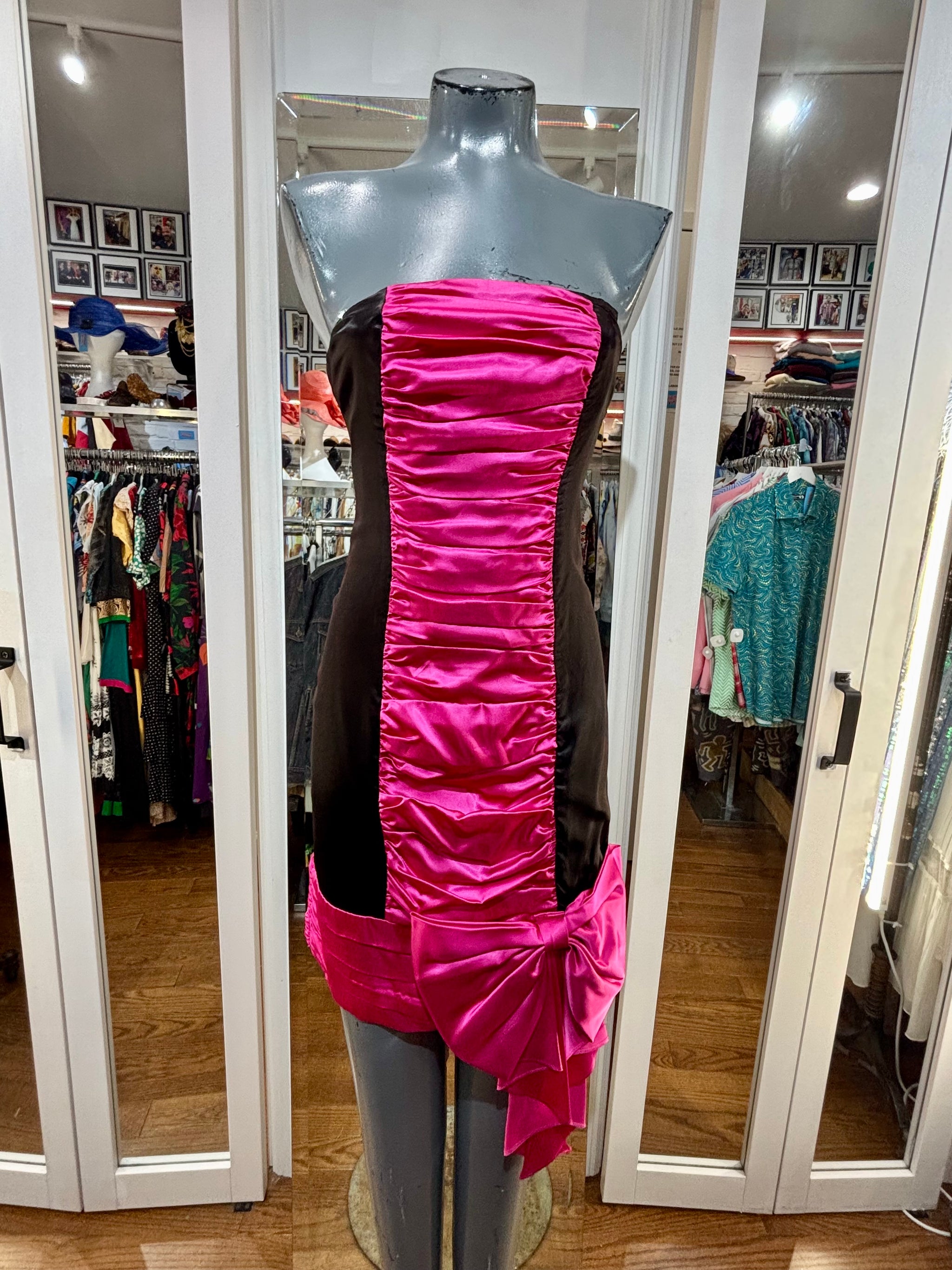 80’s Black And Hot Pink Strapless Dress With Bow By Scarlett Nite