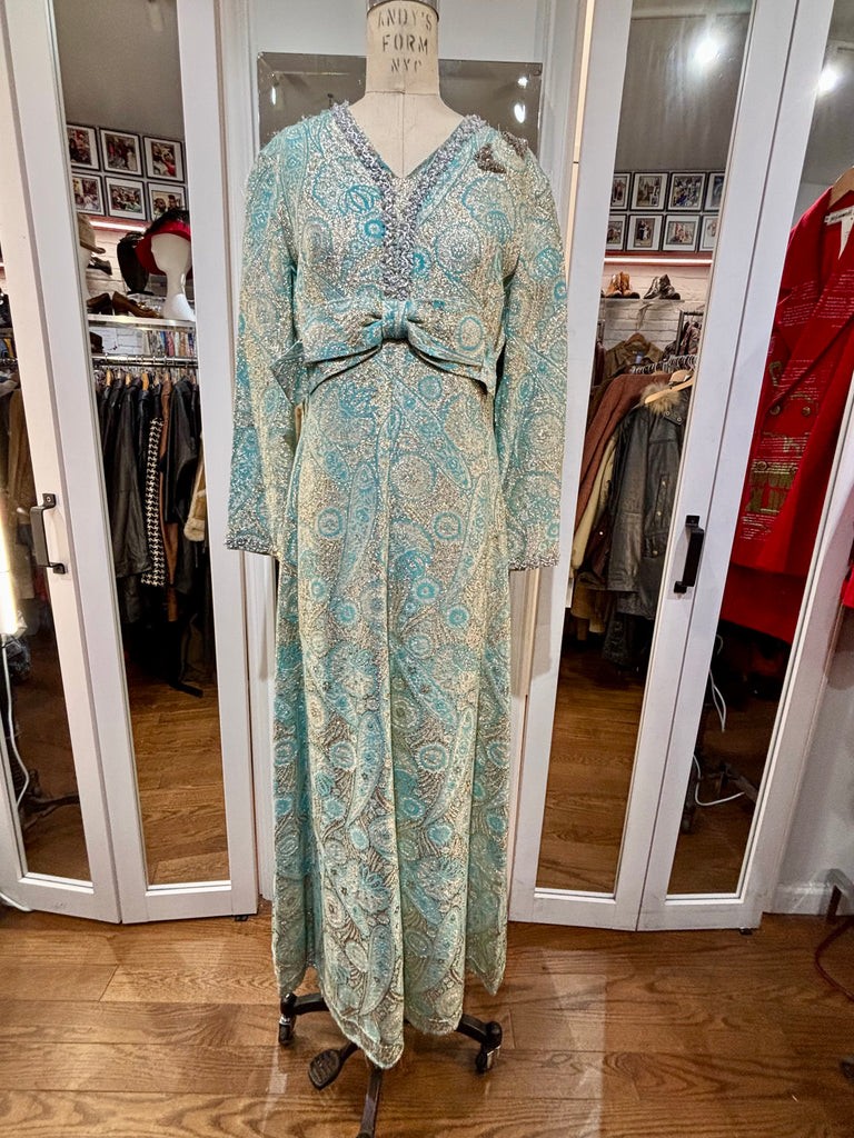 60's Aqua & Silver Brocade Long Sleeve Maxi Dress – Hamlets Vintage