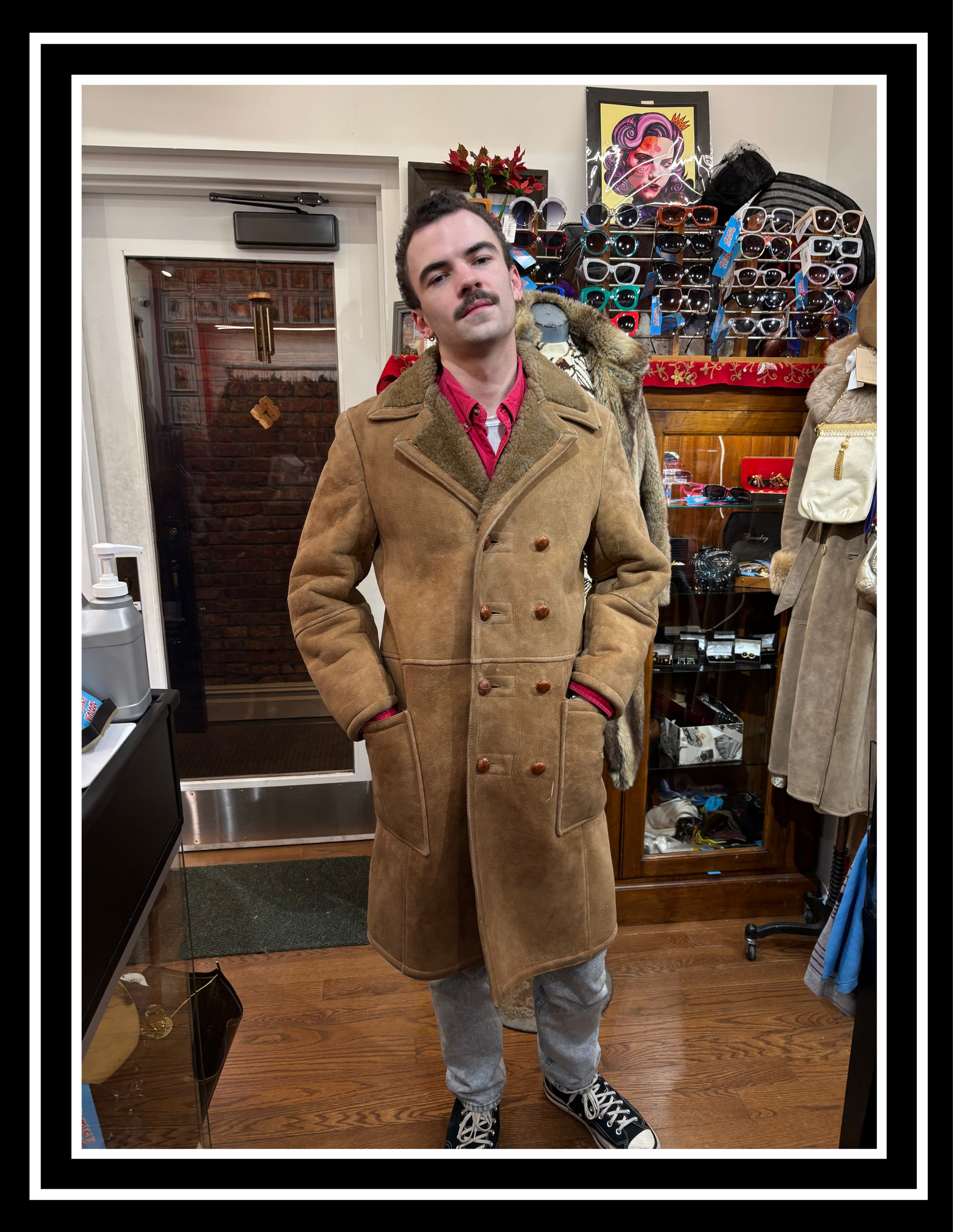 70's Brown Double Breasted Shearling Coat By Samband of Iceland