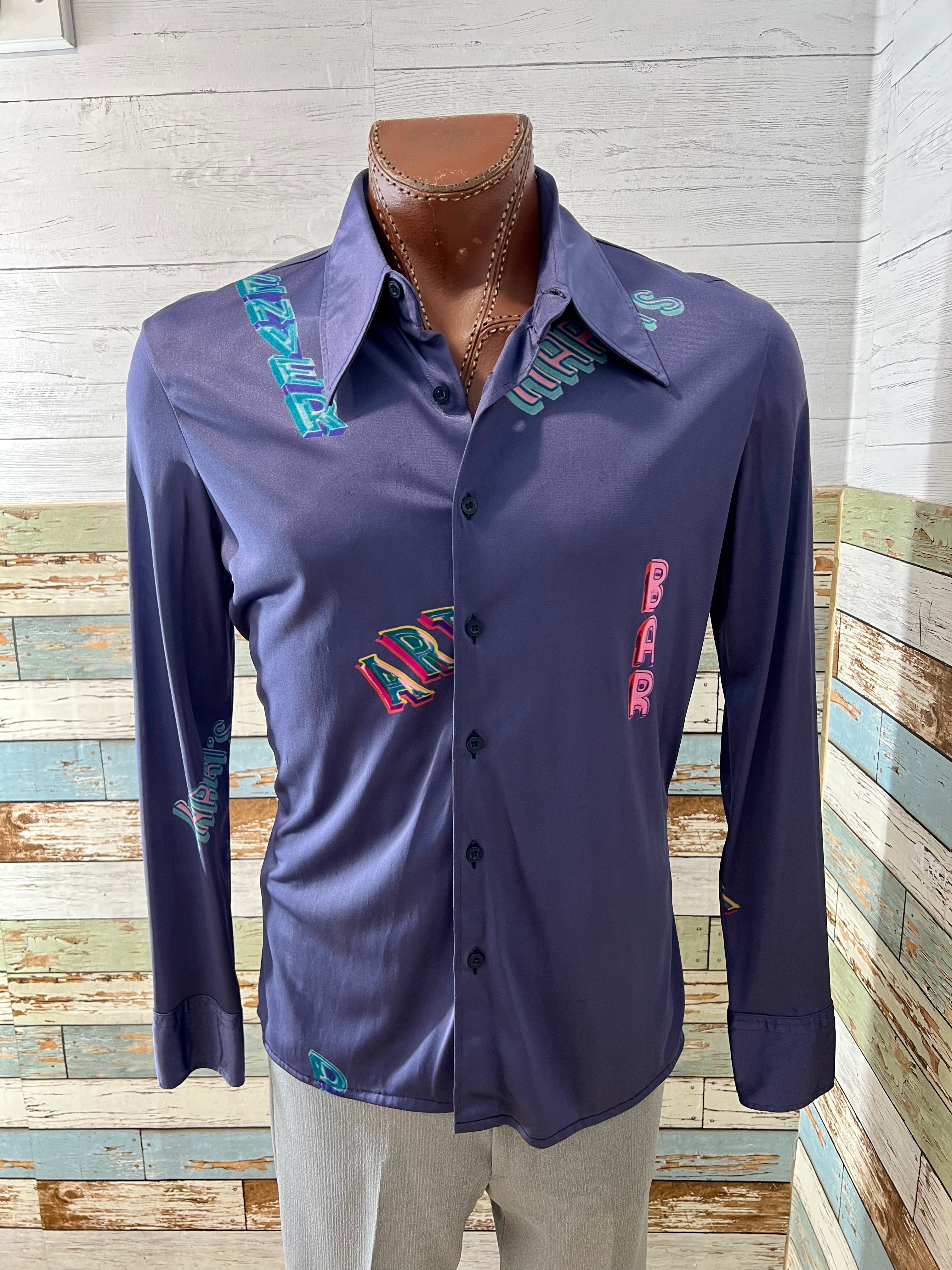 70’s Purple Multicolor Sign Print Disco Shirt By Nik Nik