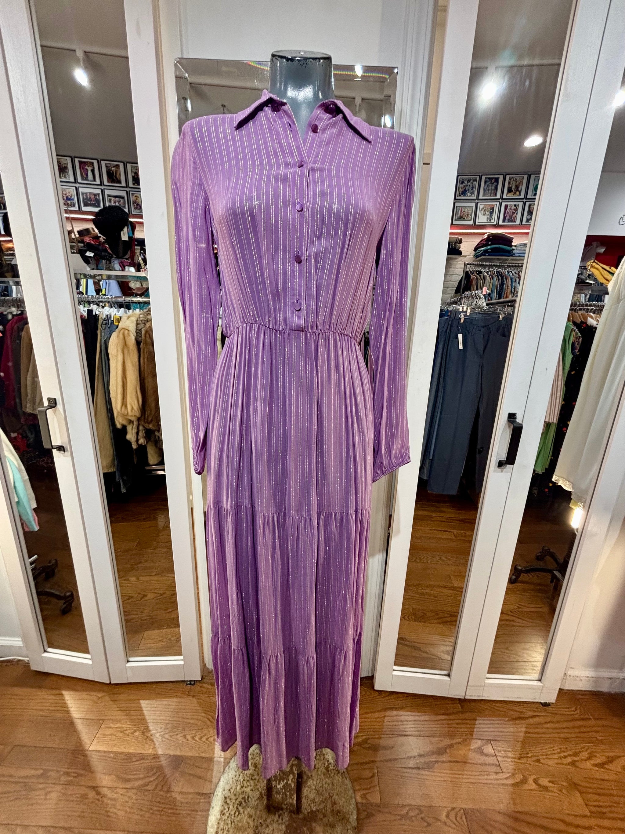 70's Lilac Long Sleeve Sheer Dress With Metallic Stripes By MF Fashion Hamlets Vintage 70's Lilac Long Sleeve Sheer Dress With Metallic Stripes By MF Fashion Hamlets Vintage