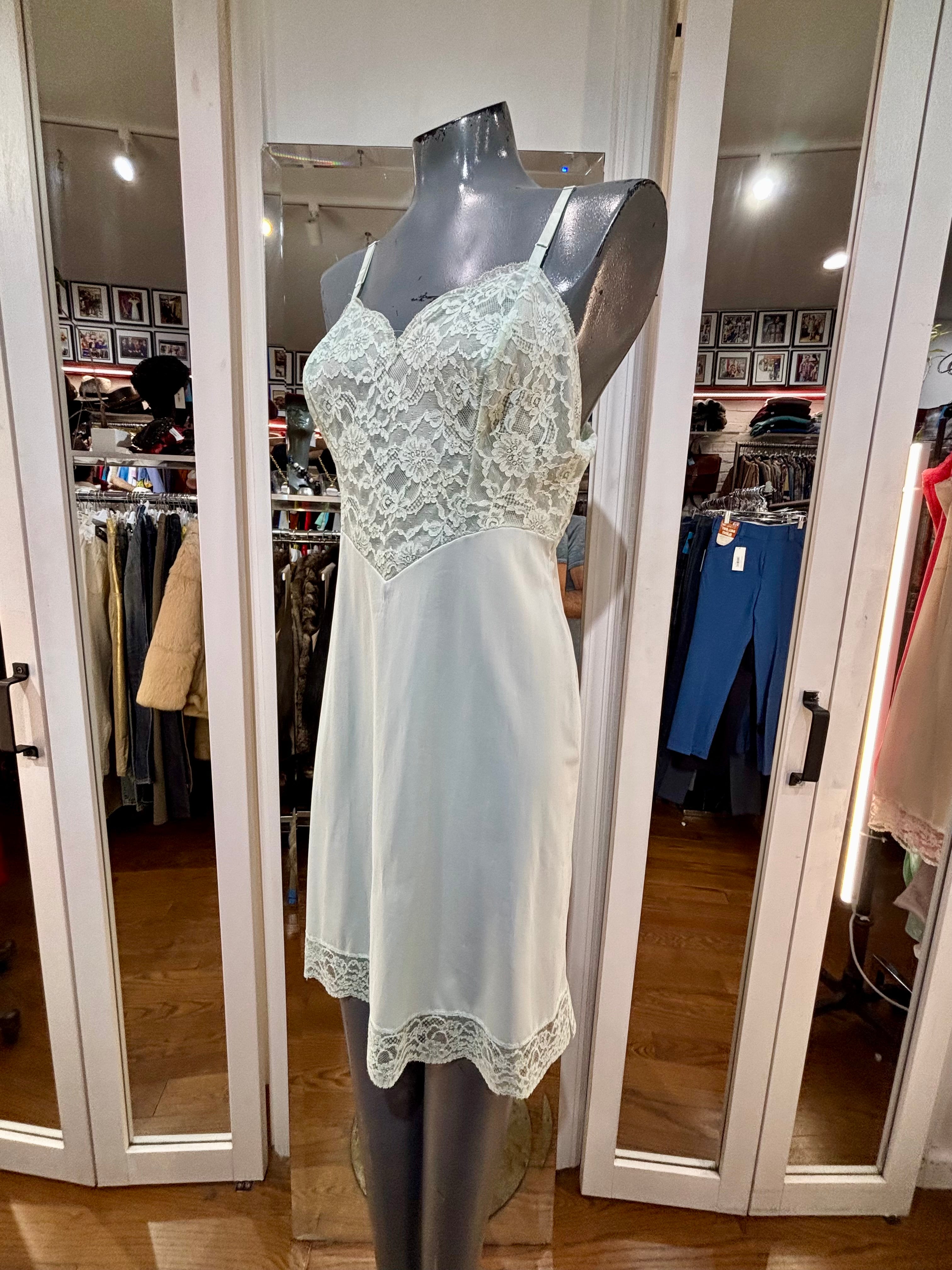 60's Pail Green Mint Slip Dress With Lace Detailing By Vanity Fair –  Hamlets Vintage
