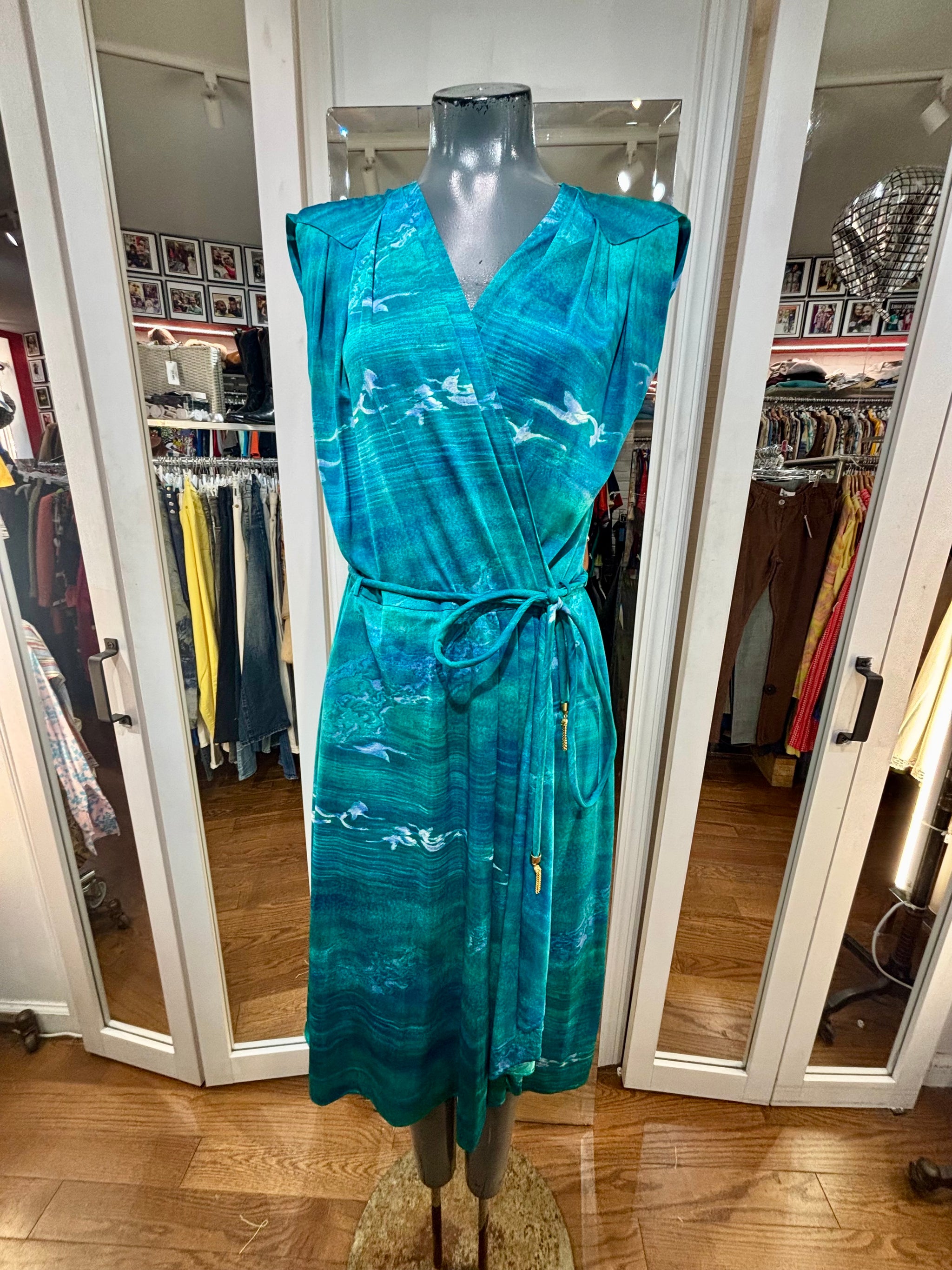 blue 70's dress 70’s Wrap Ocean And Seagulls Belted Non Sleeve By Confezioni LiLiana Mesh Color:Rose Elitara Black Elegant Ruched Below The Knee Length rich fabric prom dress